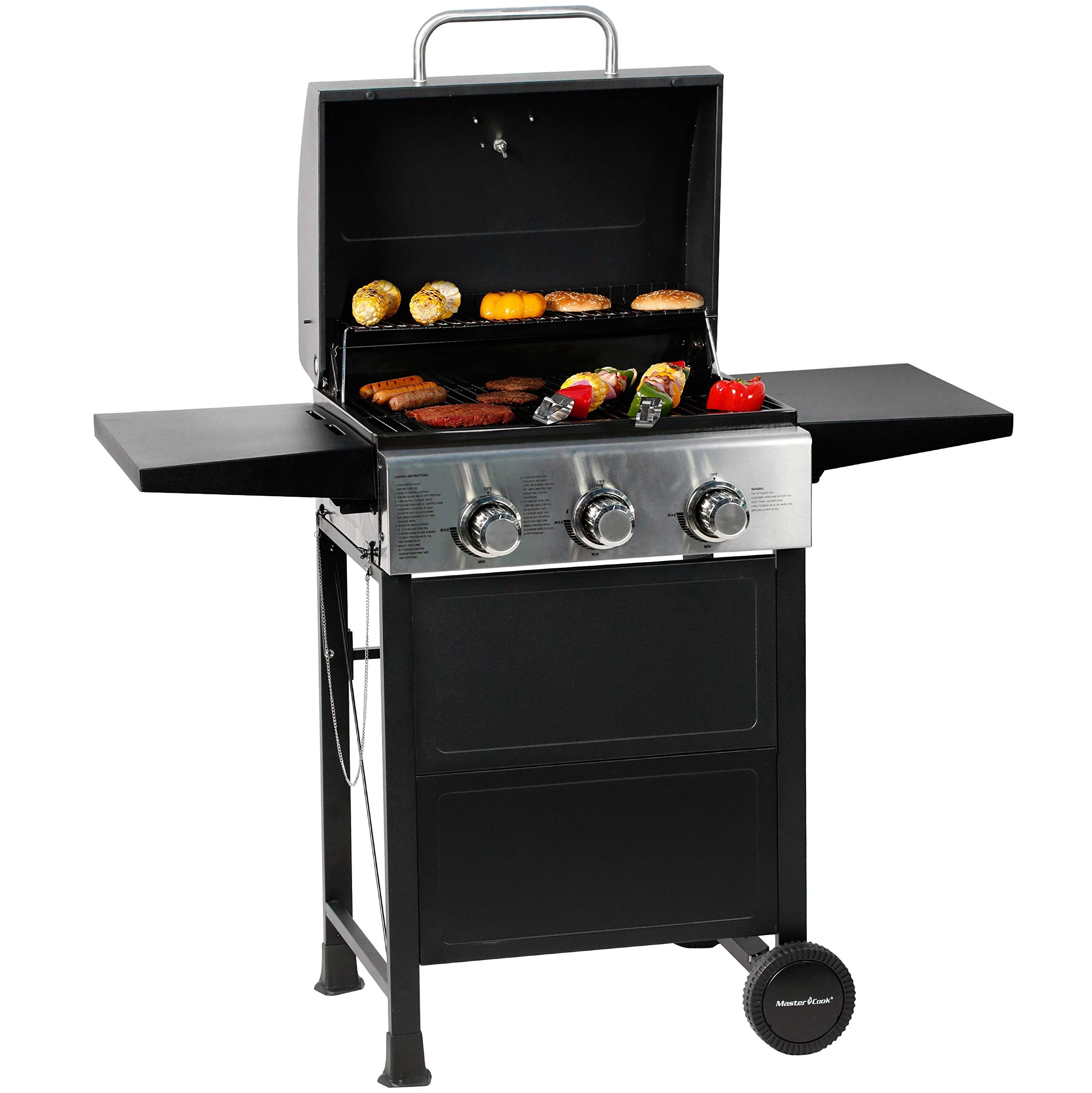 Master Cook 3 Burner Bbq Propane Gas Grill, Stainless Steel 30,000 Btu Patio Garden Barbecue Grill With Two Foldable Shelves