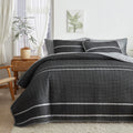 Flysheep Dark Grey Boho Quilt Set Twin Size For Kids, 2 Pcs White Striped On Black Reversible Bedspread, Brushed Microfiber Cove