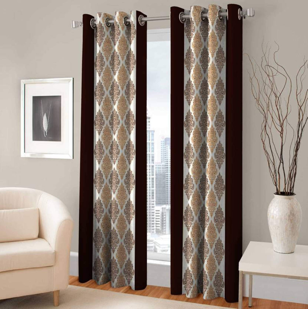 Kiara Creations Border Damas Printed Curtains for Long Door 8 Feet (Pack of 1) Brown