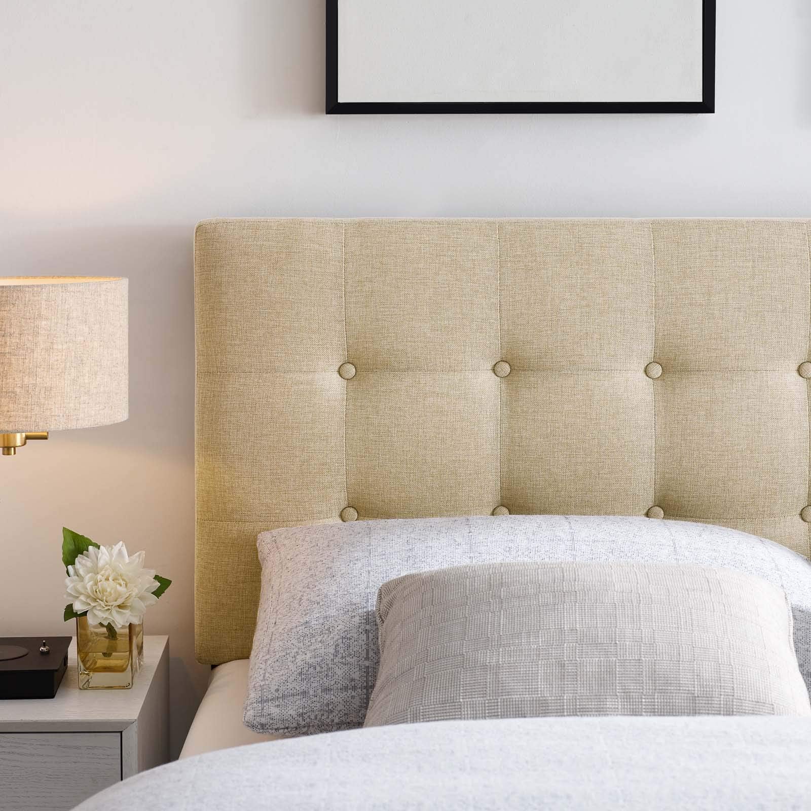 Modway Emily Tufted Button Linen Fabric Upholstered Queen Headboard in Beige
