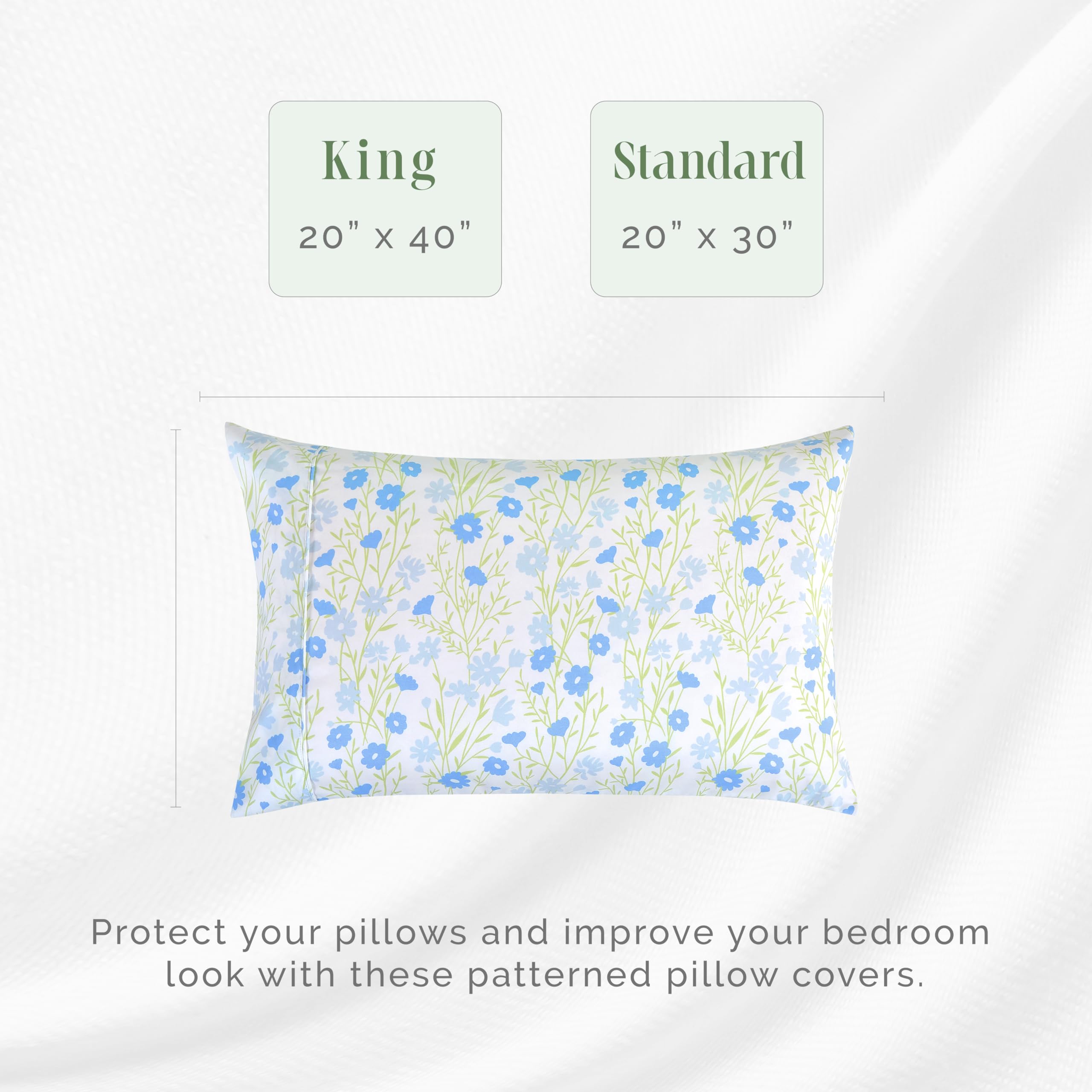 Elegant Comfort Ultra Soft Set Of 2 Floral Print Pillowcases - 1500 Premium Hotel Quality Microfiber, Soft And Smooth Envelope Closure 2-Piece Pillow Covers - Standard/Queen, Blue Laurel