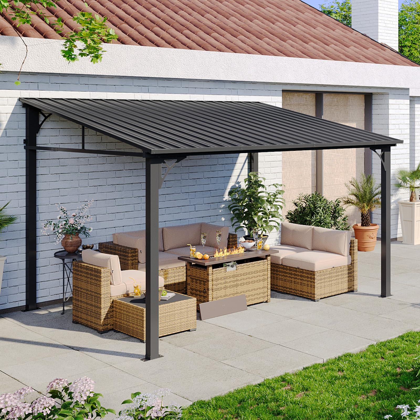 Aoxun 10 x 12 Lean to Gazebo, Hardtop Outdoor Pergola with Sloping Galvanized Steel Roof, Large Wall-Mounted Heavy Duty Awning