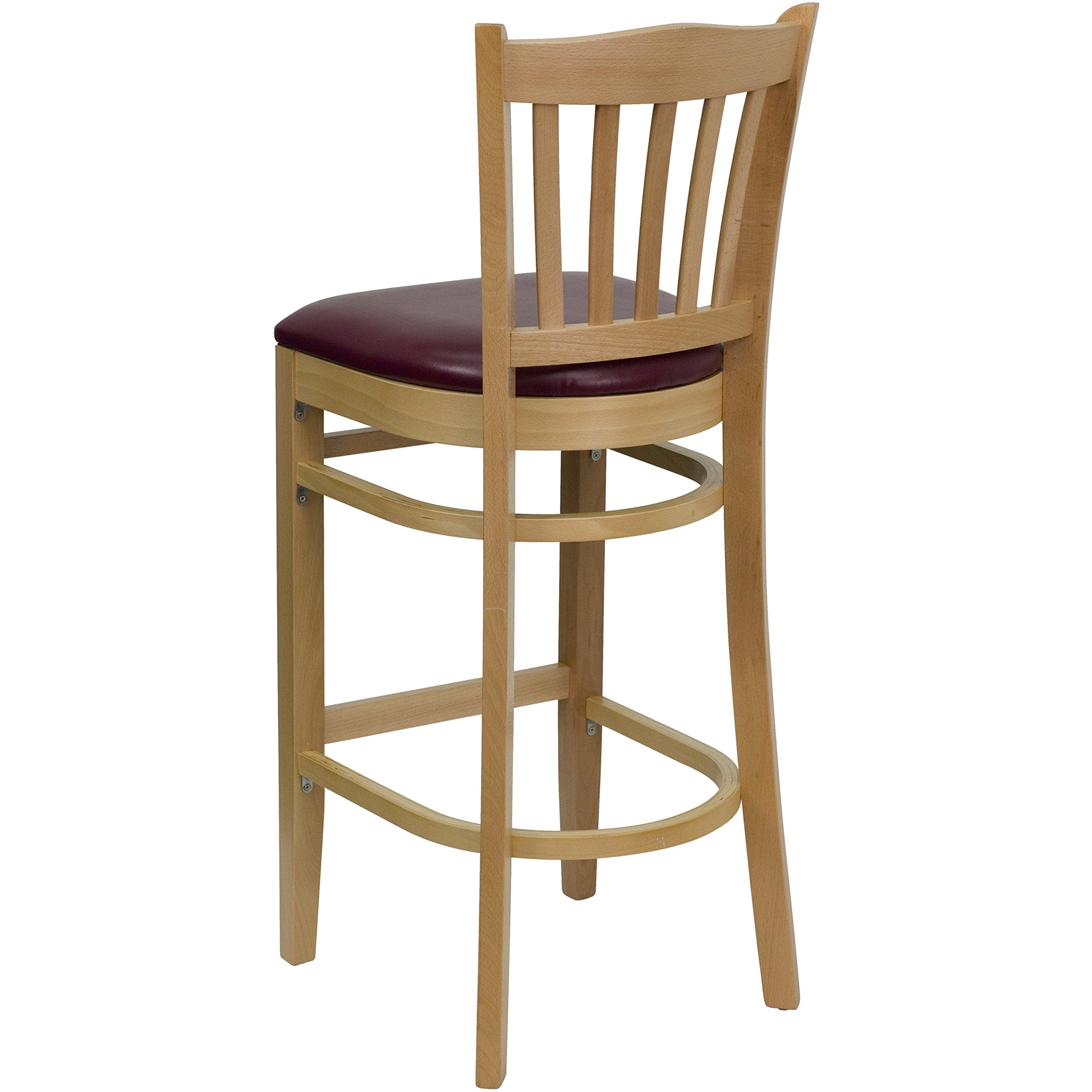 Flash Furniture Hercules Series Vertical Slat Back Natural Wood Restaurant Barstool - Burgundy Vinyl Seat