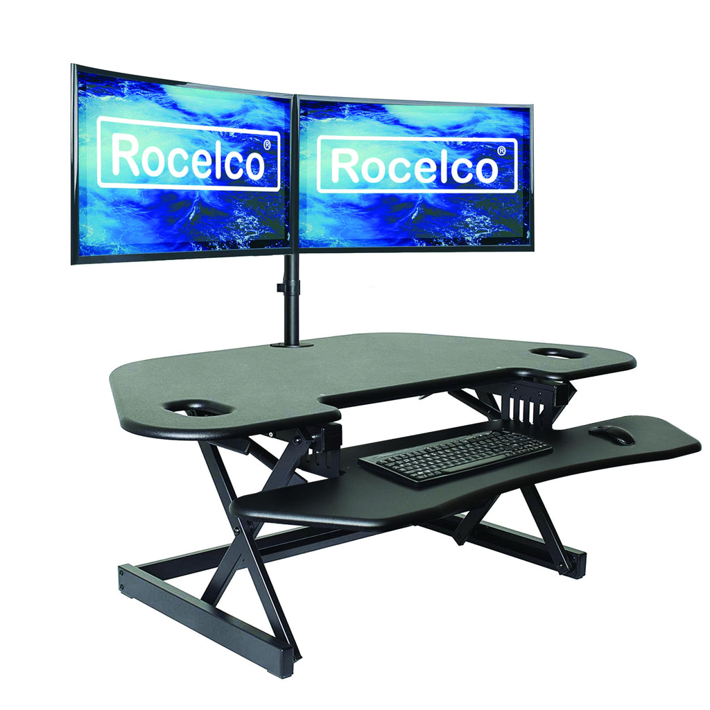 Rocelco 46" Height Adjustable Corner Standing Desk Converter with AC Outlet USB Charger and Dual Monitor Arm Mount - Stand Up Tabletop Riser Workstation - Keyboard Tray - Black (R CADRB-46-ACUSB-DM2)