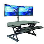 Rocelco 46" Height Adjustable Corner Standing Desk Converter with AC Outlet USB Charger and Dual Monitor Arm Mount - Stand Up Tabletop Riser Workstation - Keyboard Tray - Black (R CADRB-46-ACUSB-DM2)