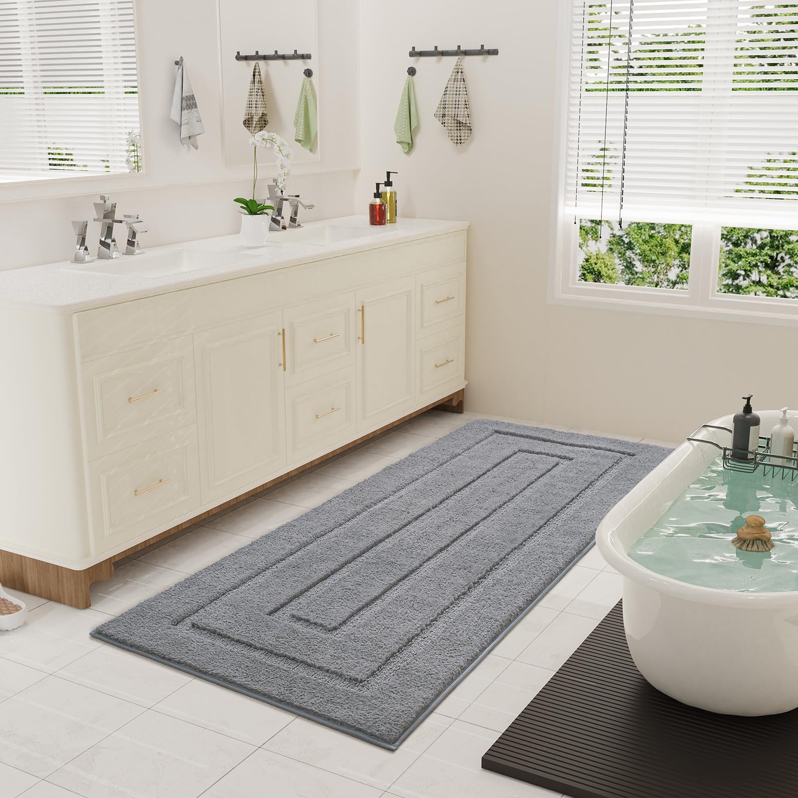 Homore 24X70 Inch Long Bathroom Rug, Grey Absorbent Microfiber Bathroom Runner Rug, Tpr Backing Non Slip Bath Rug For Bathroom,