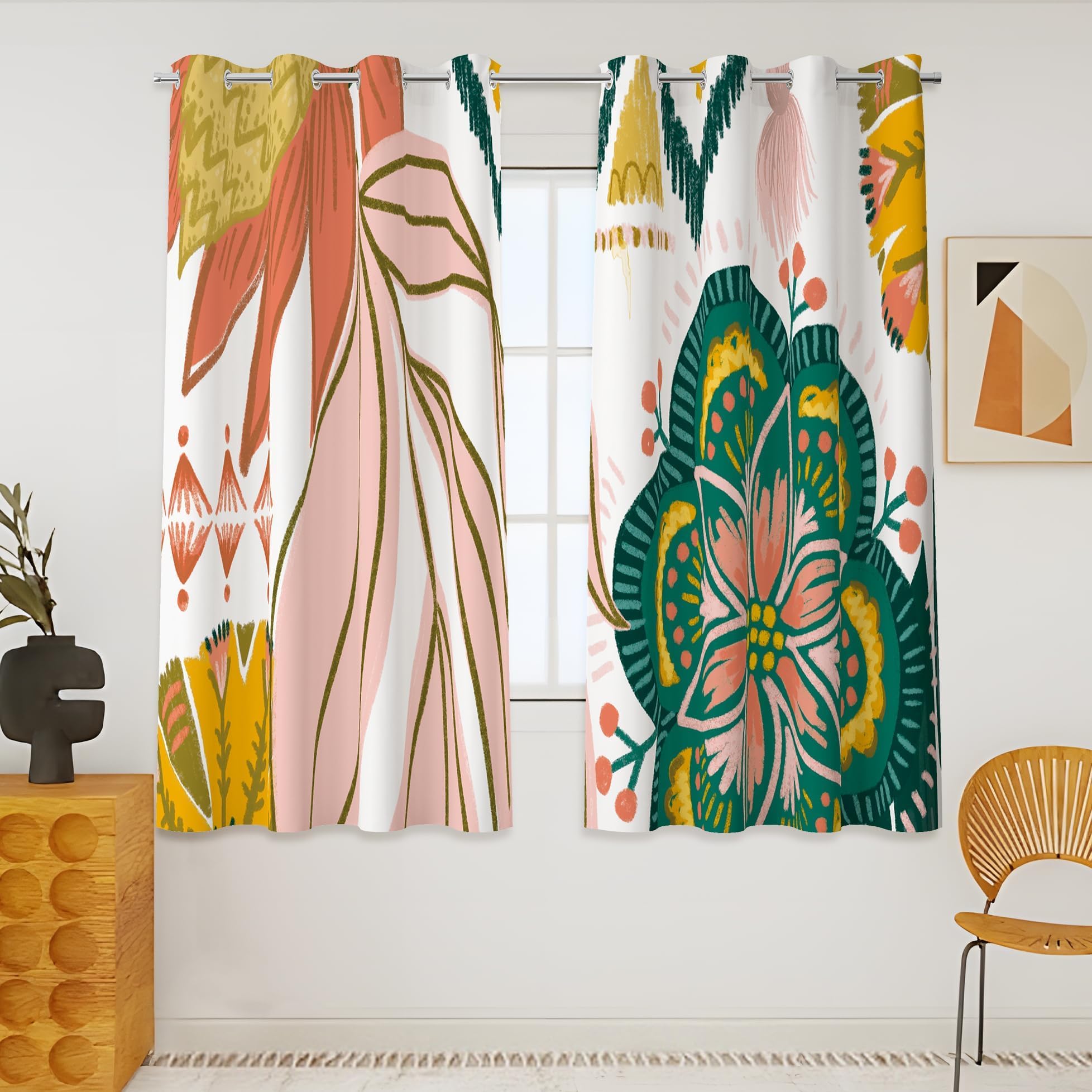 Tyrot Boho Floral 100% Blackout Curtains 45 Inch Long 2 Panels Mid Century Modern Botanical Grommet Thermal Insulated Room Darke