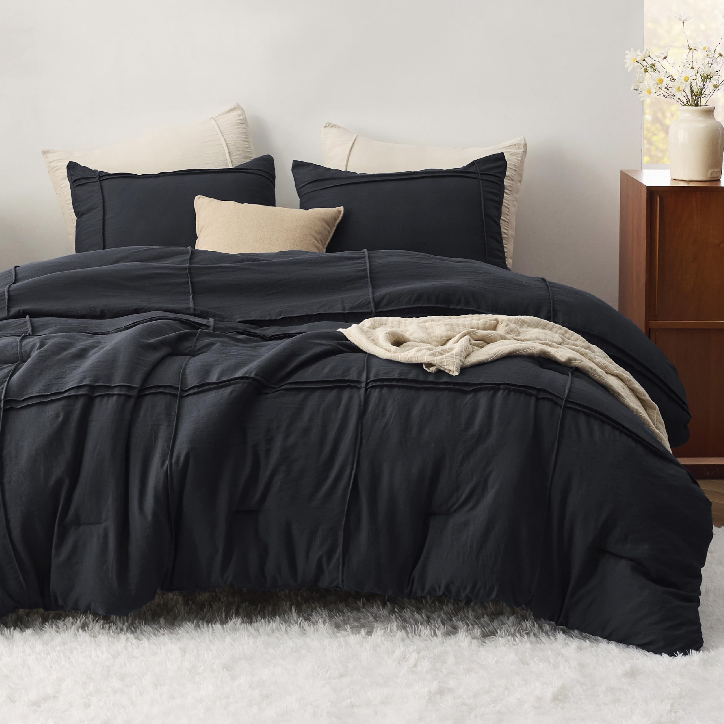 Bedsure Queen Comforter Set With Sheet - 4 Pieces Soft Black Bedding, Grid Pinch Pleat, All Season Lightweight Fluffy Bed Set With Solid Boho Comforter, Pillowcases & Sheet