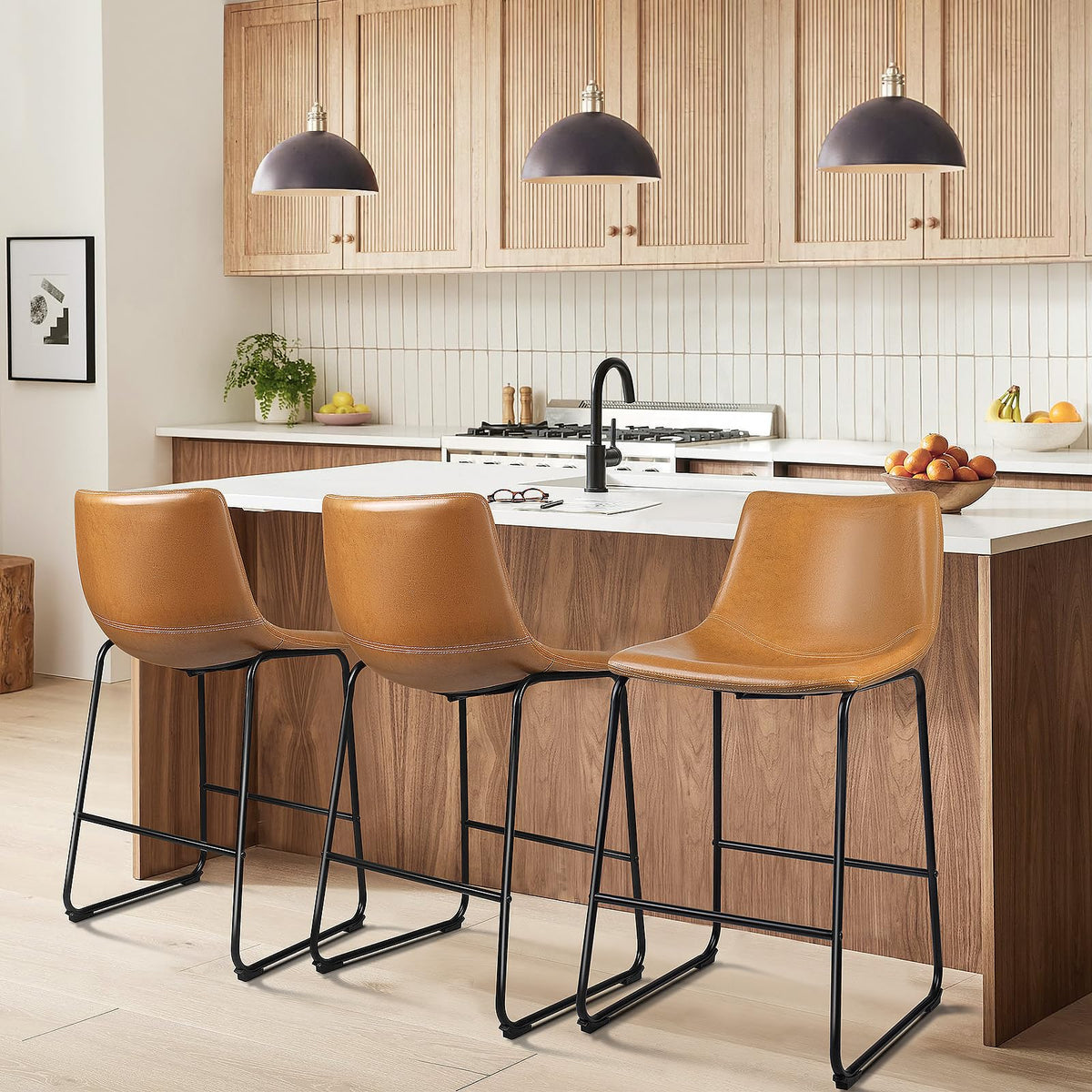 Waleaf 26 inch Bar Stools Set of 3,Counter Height Bar Stools with Back, Modern PU Leather Stools with Metal Leg and Footrest,Din