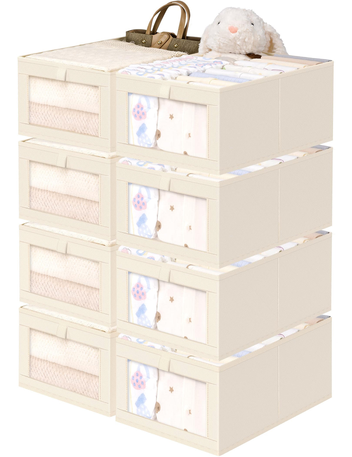 Criusia Beige Linen Closet Organizers and Storage, 8 Pack Foldable Mesh Window Large Linen Closet Baskets