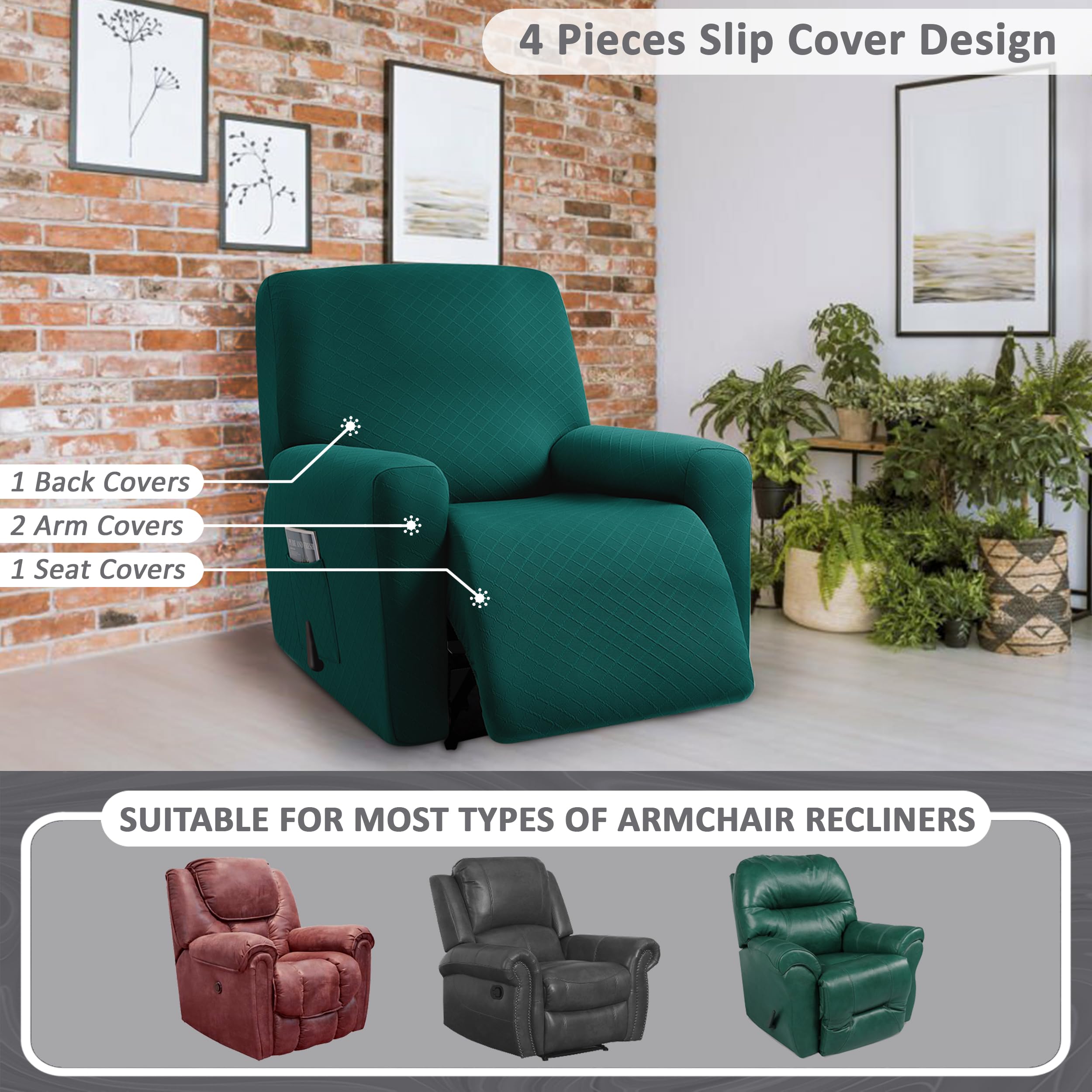 Ulticor Squared Jacquard Design, 4-Piece, 1 Seat Recliner Cover, Reclining Chair Covers For 1 Cushion Reclining Sofa, Single Sea