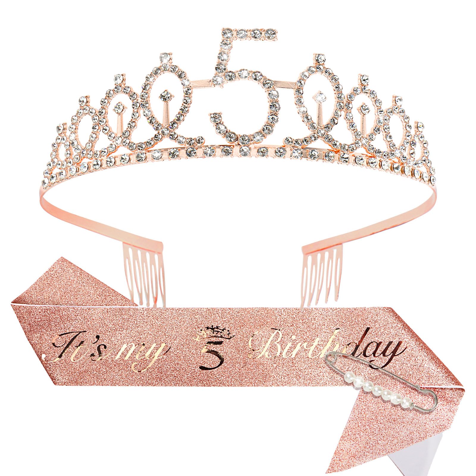 CIEHER 5th Birthday Crown + Its My 5th Birthday Sash + Pearl Pin Set, 5th Birthday Decorations Girl 5th Birthday Gifts for Girl