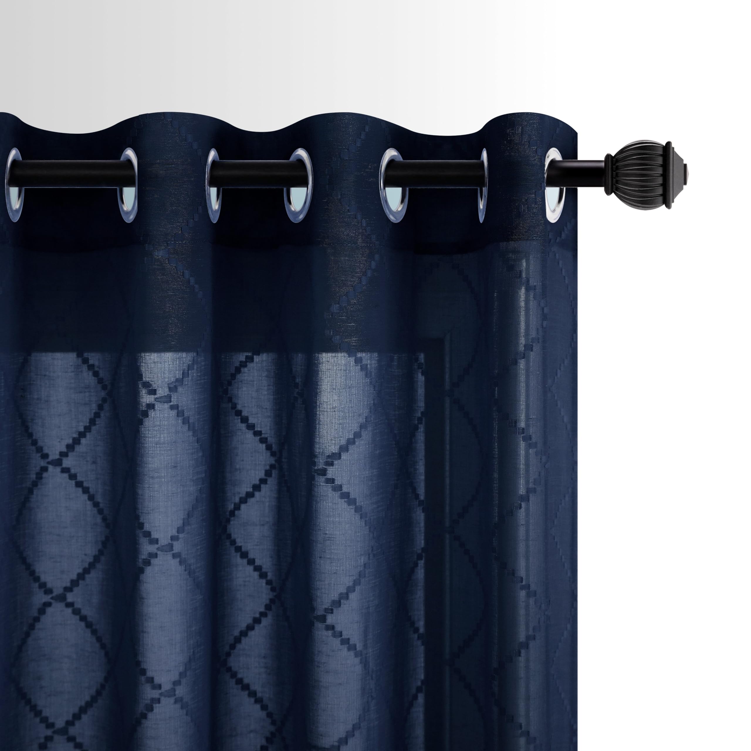 Navy Blue 52X90 Inch Length Grommet Diamond Linen Look Sheer Curtains