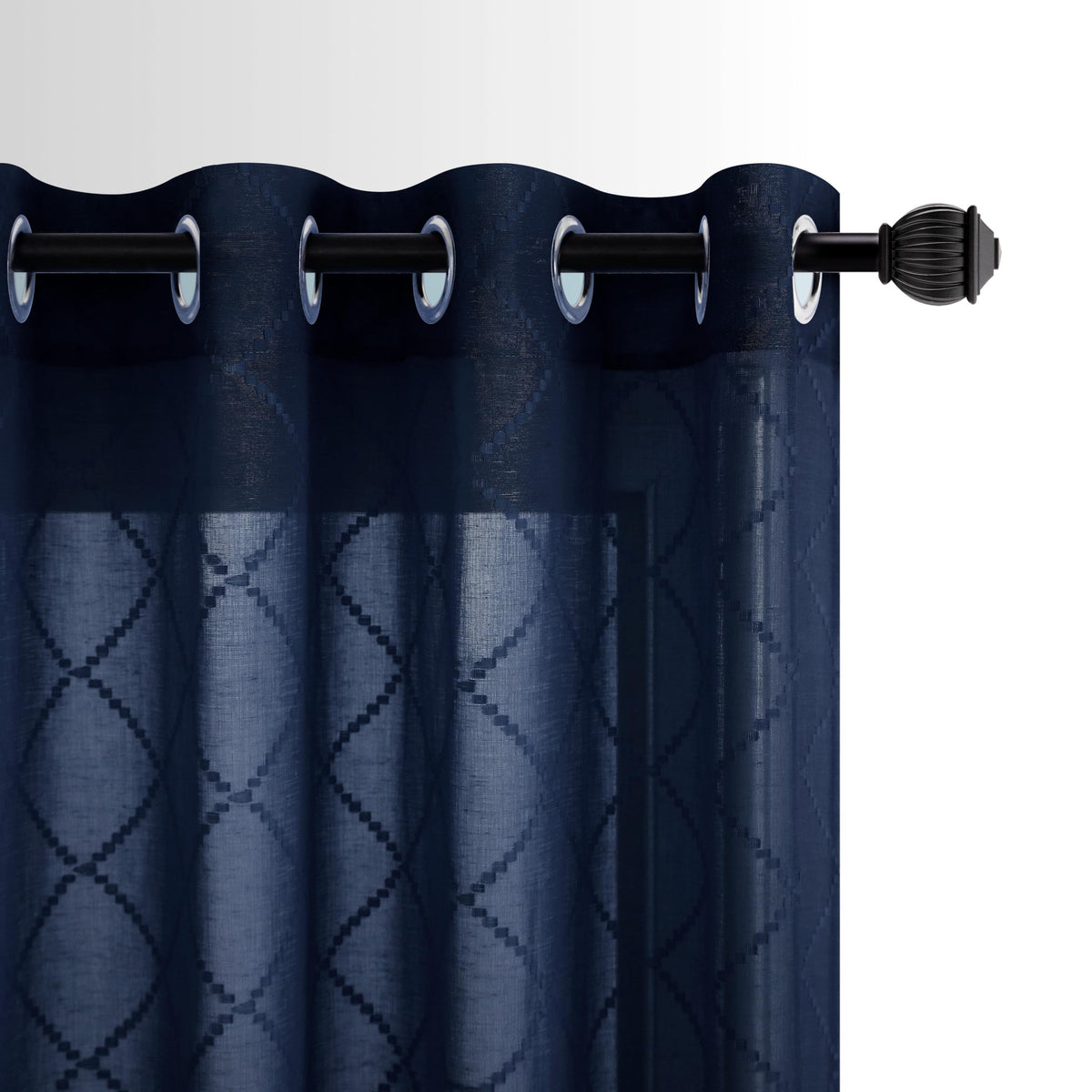 Navy Blue 52X90 Inch Length Grommet Diamond Linen Look Sheer Curtains