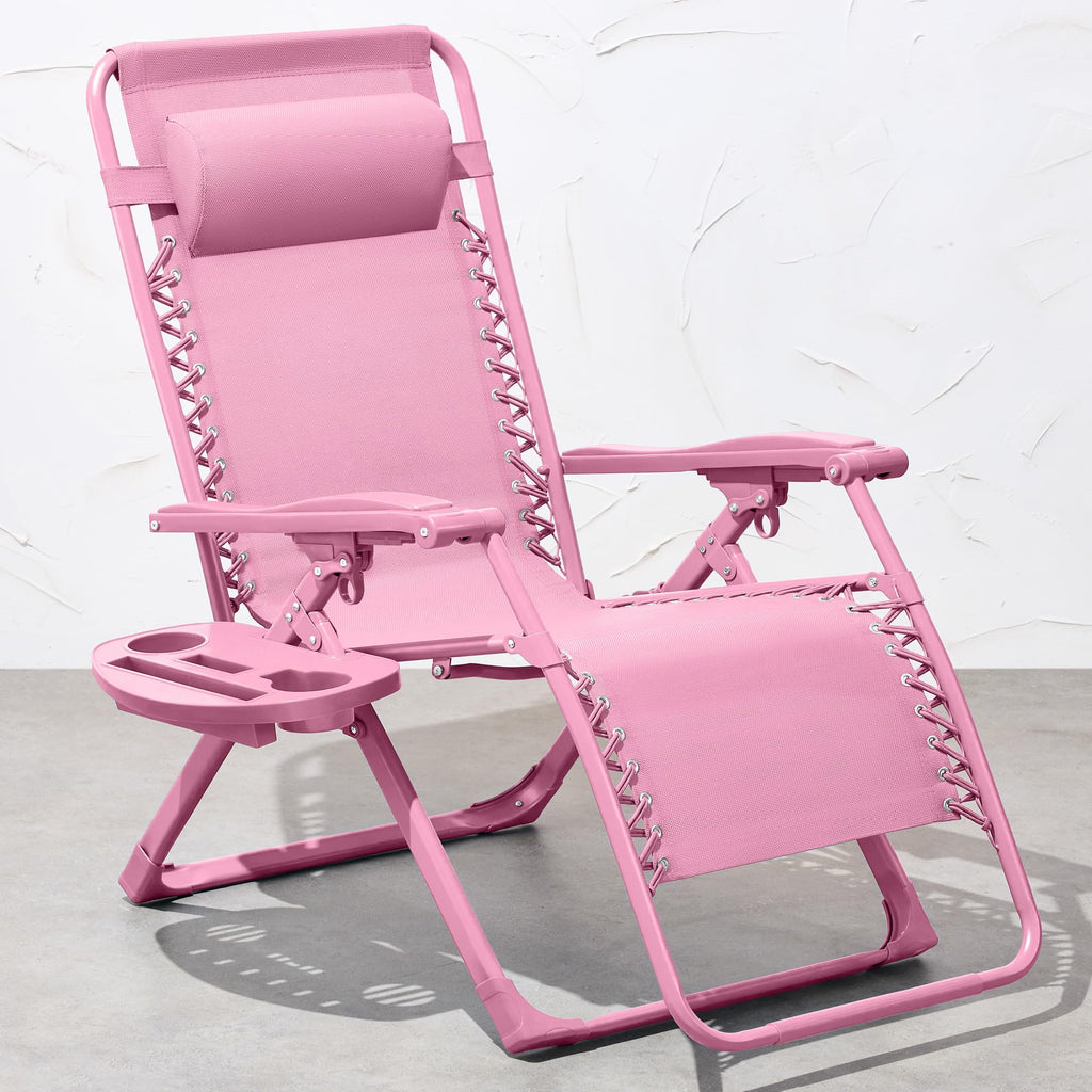 Best Choice Products Adjustable Zero Gravity Chair, Monochromatic Color Folding Patio Recliner W/Side Tray, Headrest - Carnation