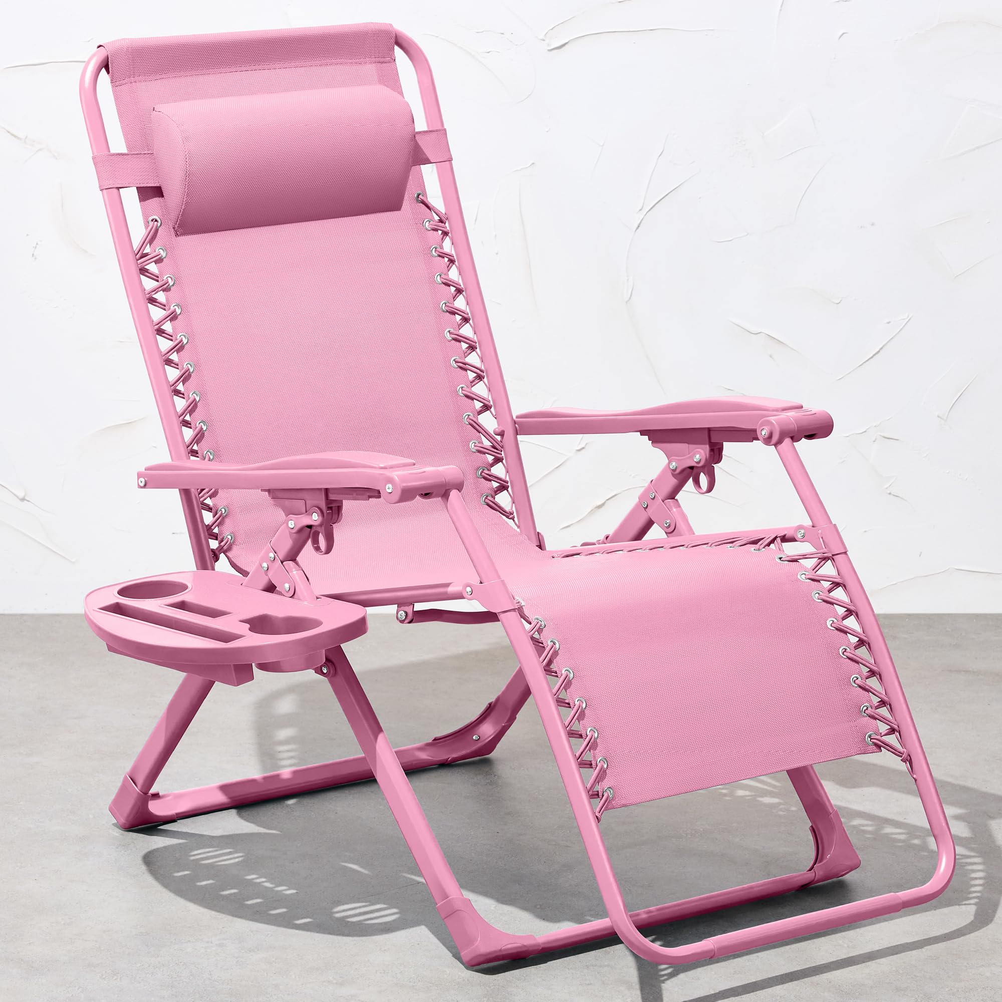 Best Choice Products Adjustable Zero Gravity Chair, Monochromatic Color Folding Patio Recliner W/Side Tray, Headrest - Carnation