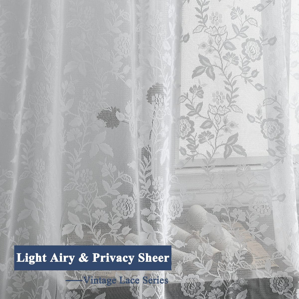 Finecity White Lace Curtains 108 Inch Long, Vintage Country Floral Sheer Lace Curtains For Bedroom, Rod Pocket Privacy Scalloped