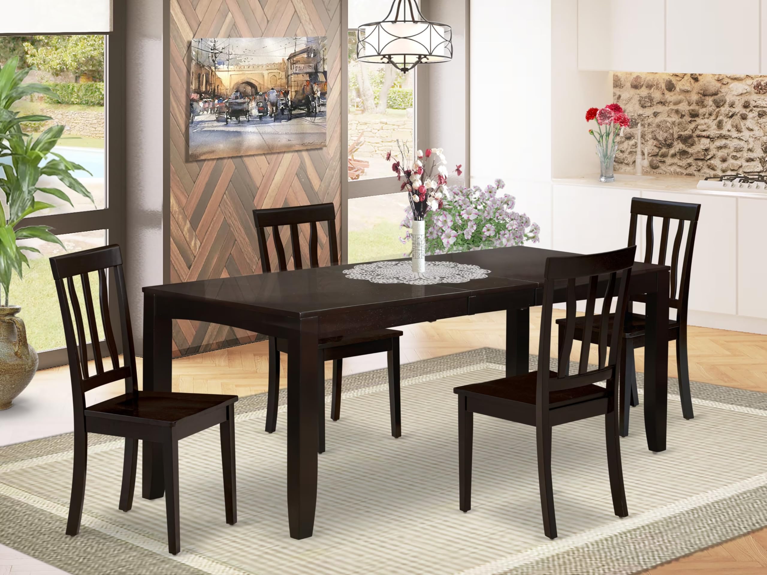 East West Furniture LYAN5-CAP-W Lynfield 5 Piece Kitchen Set for 4 Includes a Rectangle Dining Room Table with Butterfly Leaf and 4 Solid Wood Seat Chairs, 36x66 Inch, Cappuccino