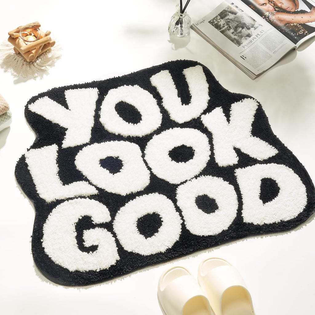 DyeFury Bath Mat - You Look Good, Cool Black and White Bathroom Rug, Non Slip, 27.5 x 20 inch