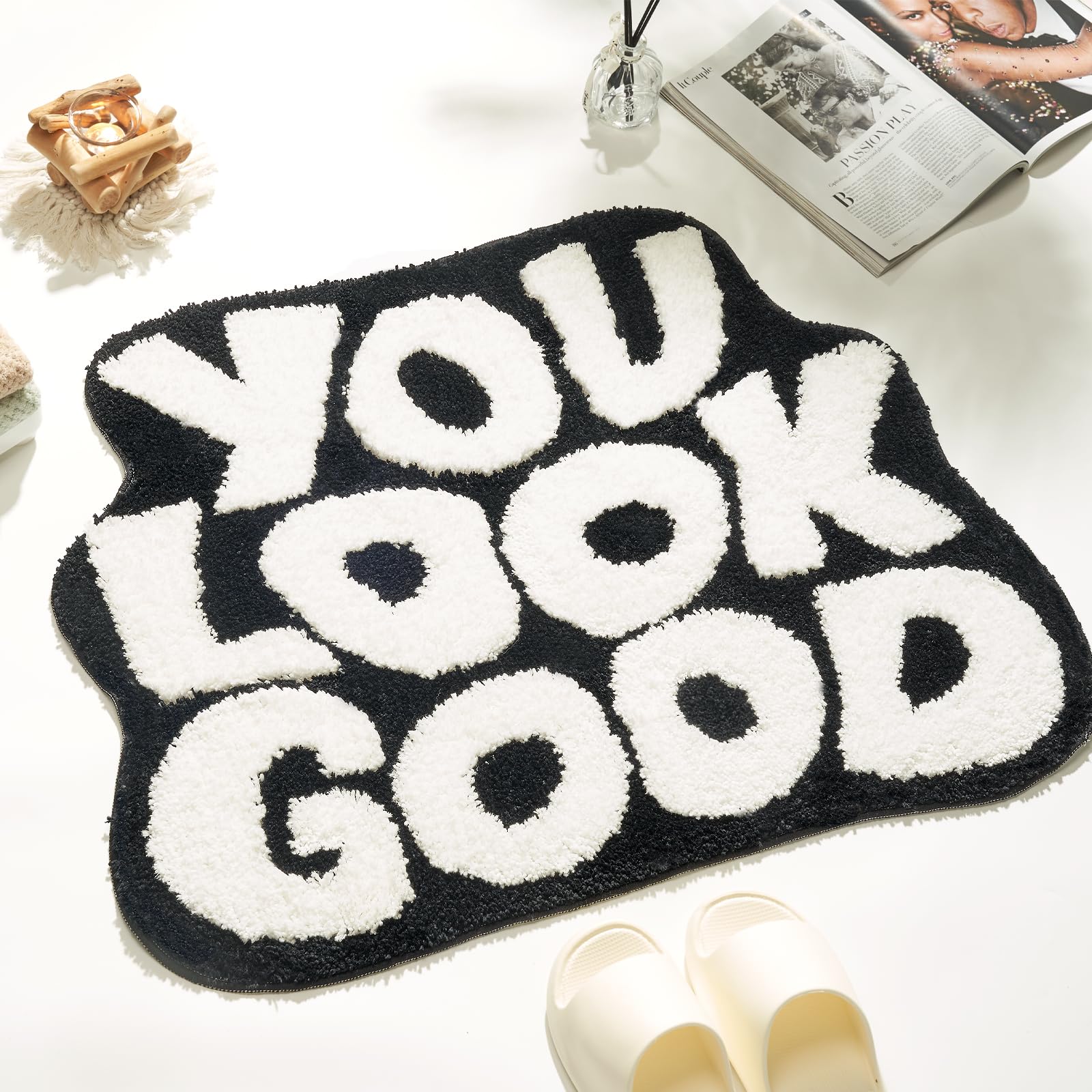 DyeFury Bath Mat - You Look Good, Cool Black and White Bathroom Rug, Non Slip, 27.5 x 20 inch