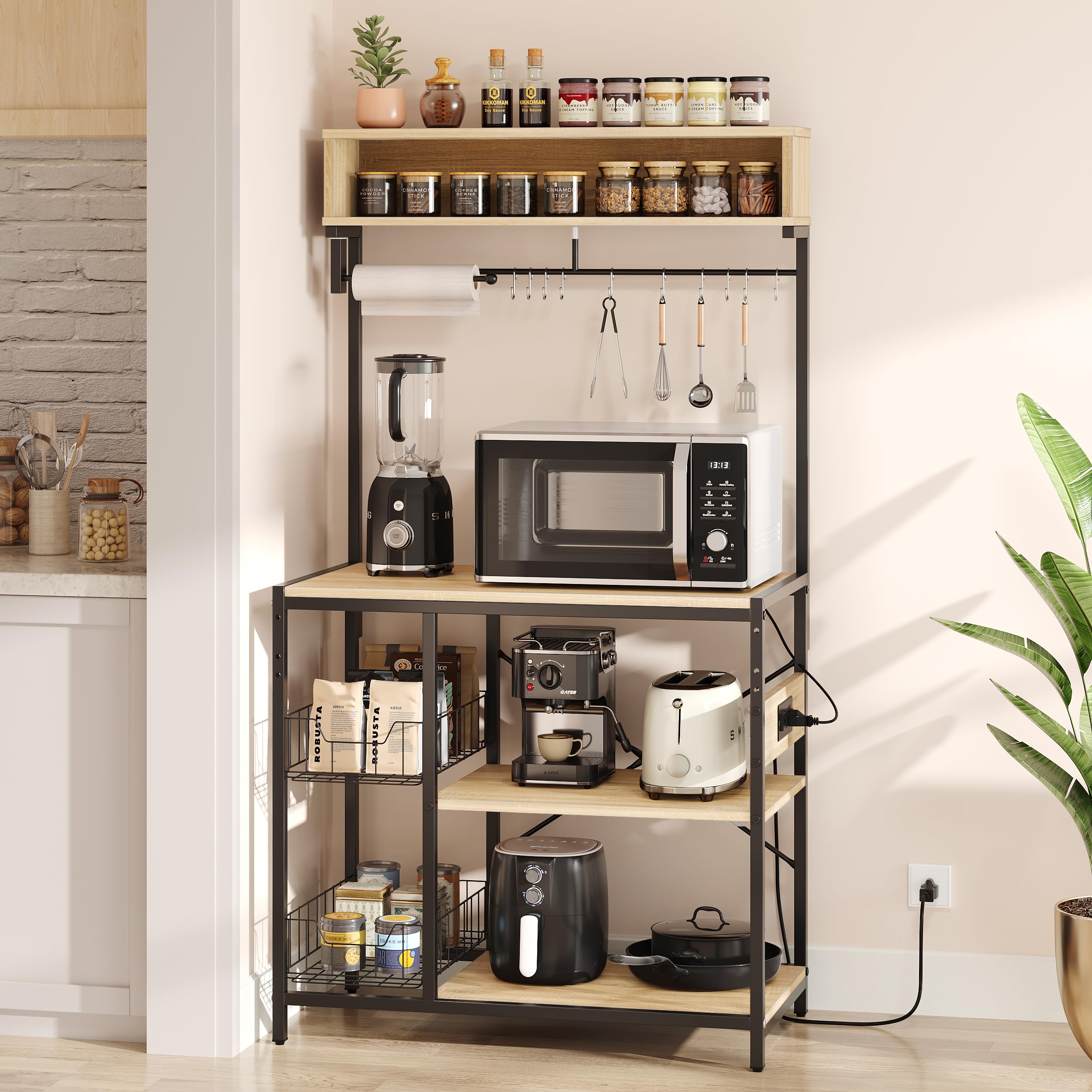 Bestier Bakers Rack with Power Outlet, 10 Hooks Coffee Bar with Wire Basket, Microwave Stand with Paper Holder, Adjustable Kitch