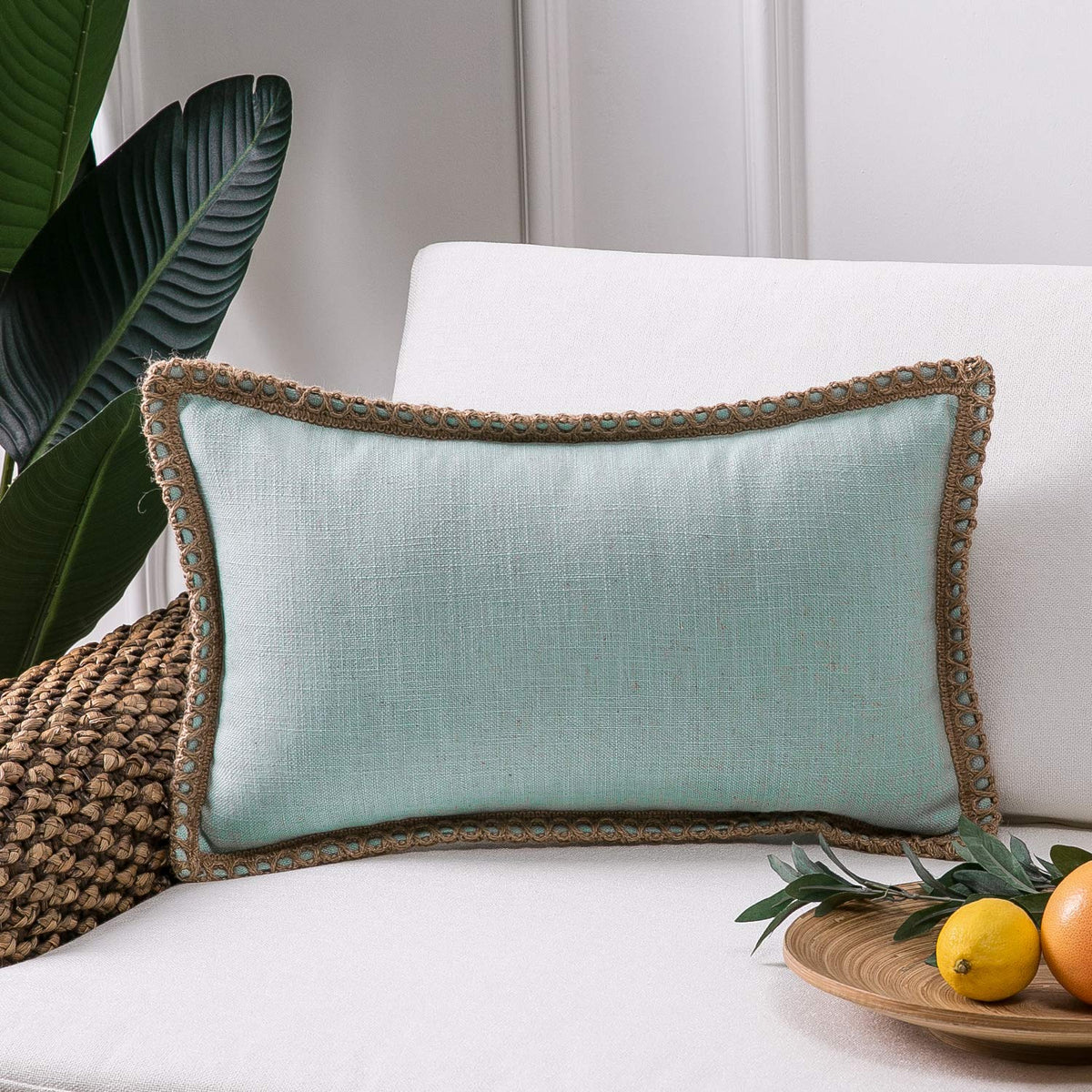 Phantoscope Farmhouse Solid Throw Decorative Pillow Cover Burlap Linen Trimmed Tailored Edges Outdoor Pillow Light Turquoise 12