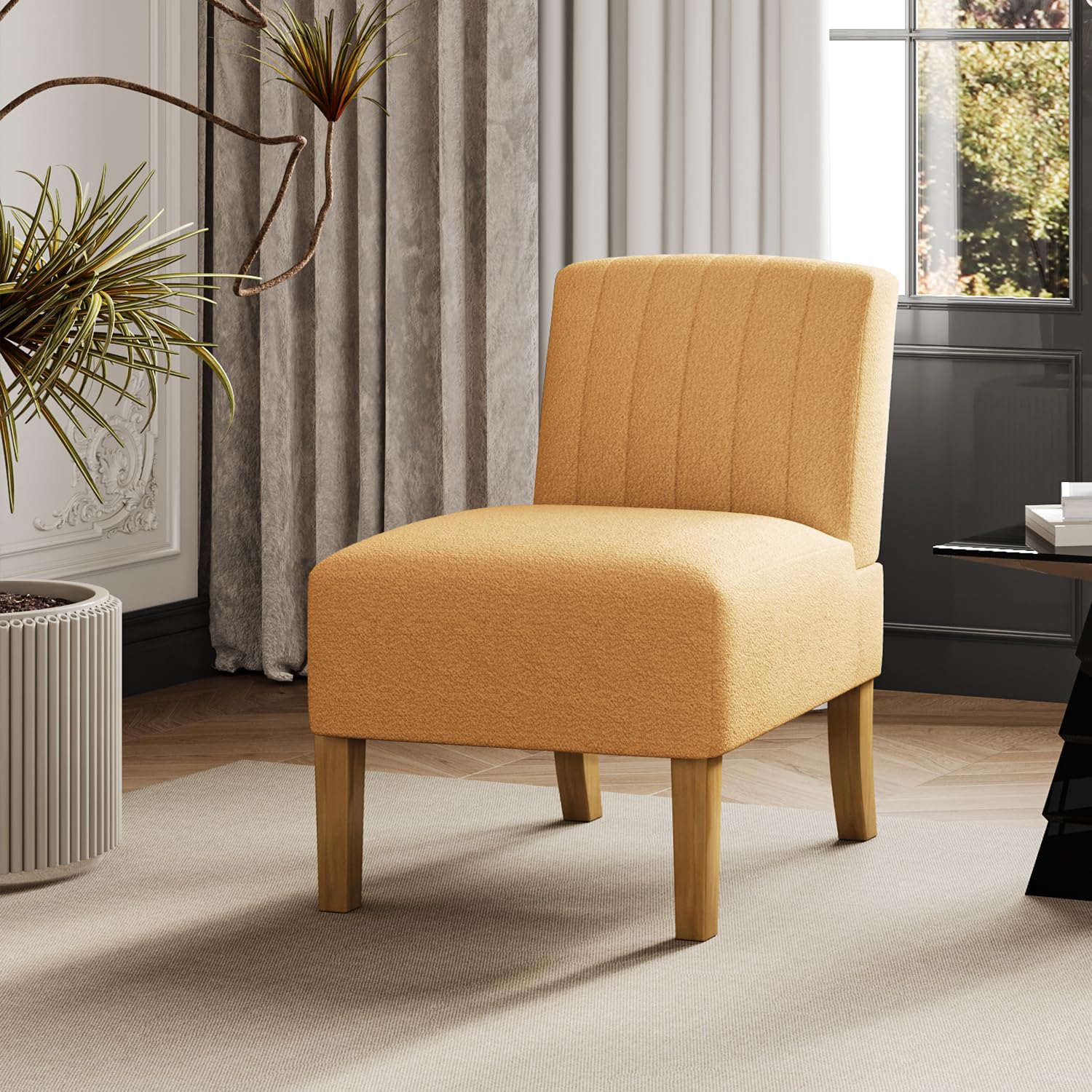 Armless Accent Chairs For Living Room, Modern Slipper Chair Living Room Chairs With Solid Wood Legs, Makeup Vanity Chair Fabric