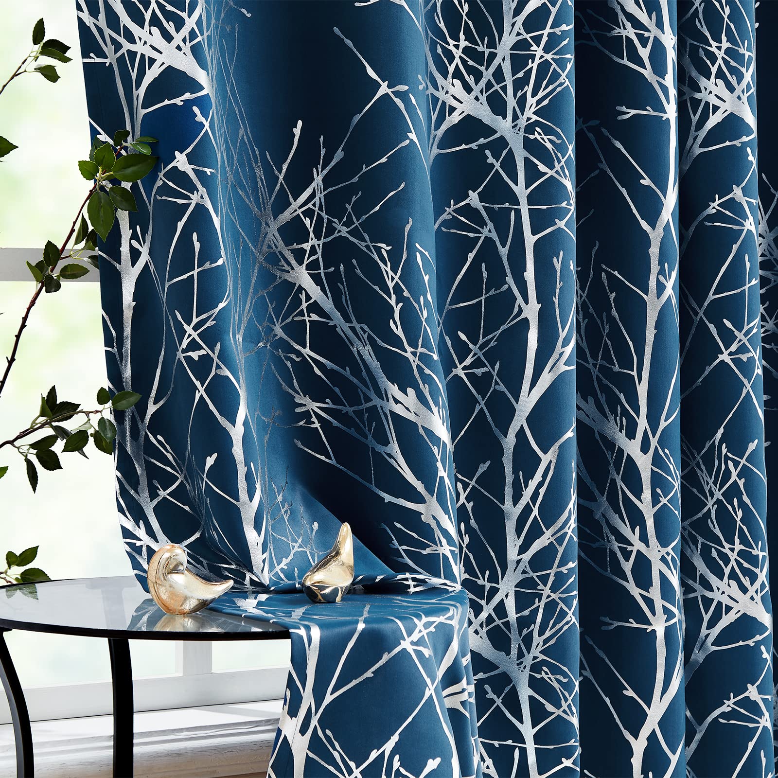 Fmfunctex Silver Branch Blackout Curtains Blue For Bedroom Living Room 96' Length Metallic Print Tree Curtain Panels Energy Eff