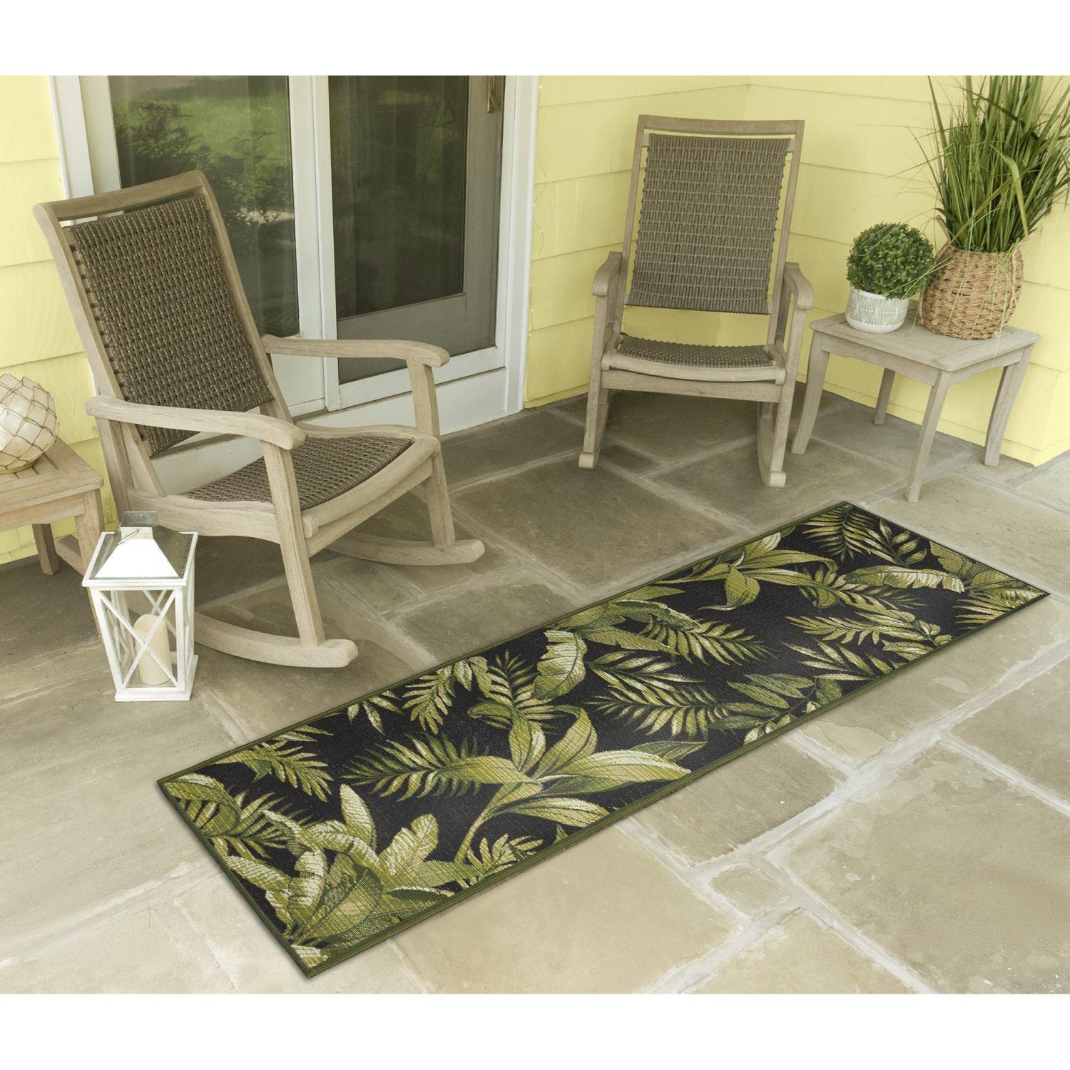 Liora Manne Marina Indoor/Outdoor Power Loomed Synthetic Blend Low Profile Area Rug - Transitional Graphic Botanical Beach Camping (Jungle Leaves Black) (1'11' X 7'6')