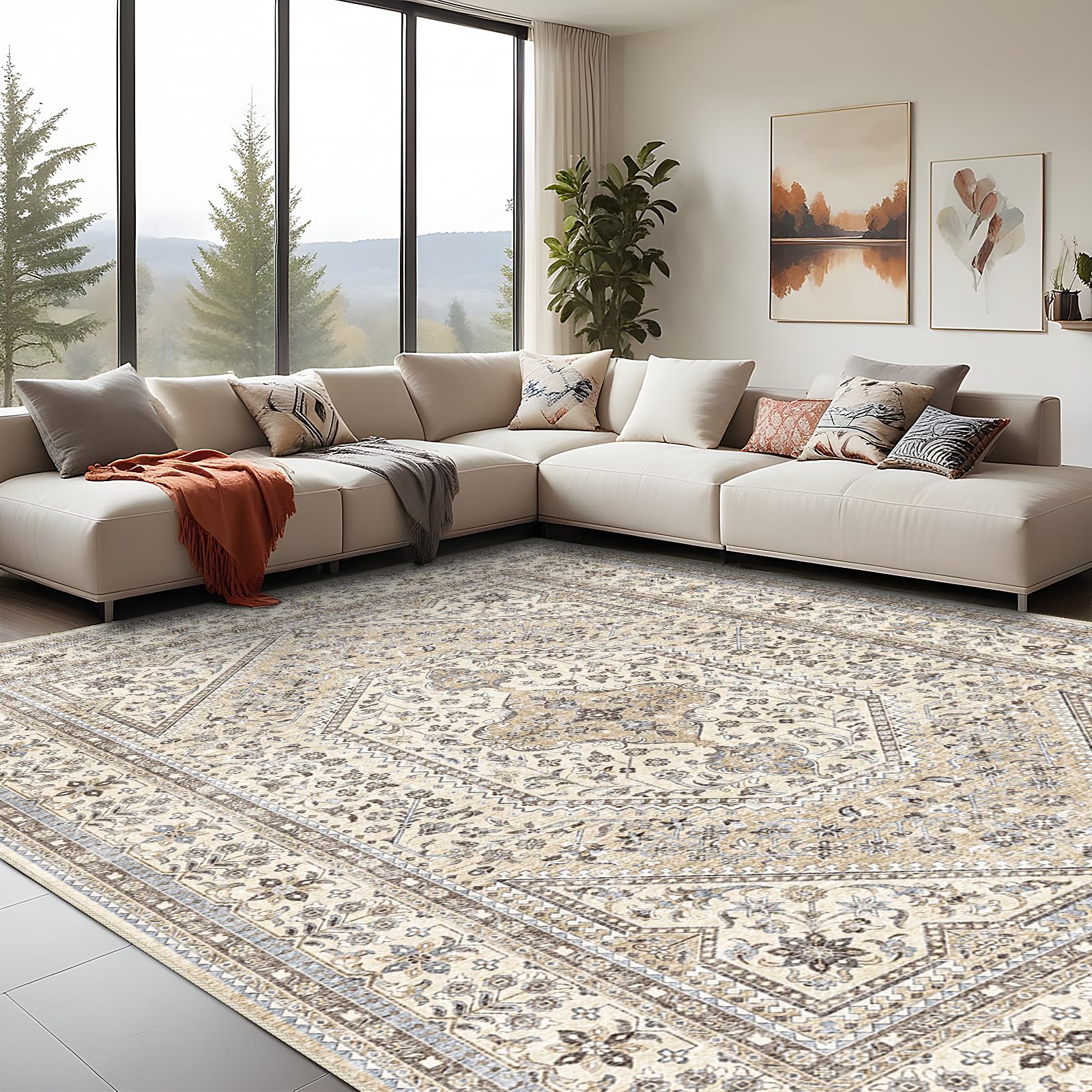 Puino 10x14 Washable Vintage Rug: Oriental Rugs for Living Room Non Slip Backing Stain Resistant Large Indoor Carpet for Bedroom