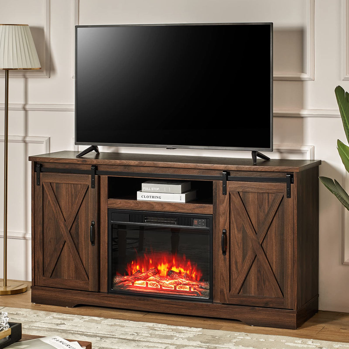 Amerlife Fireplace Tv Stand Sliding Barn Door Wood Entertainment Center With A 23'' Electric Fireplace Insert, Modern Farmhouse Storage Cabinet Console For Tvs Up To 65', Dark Walnut