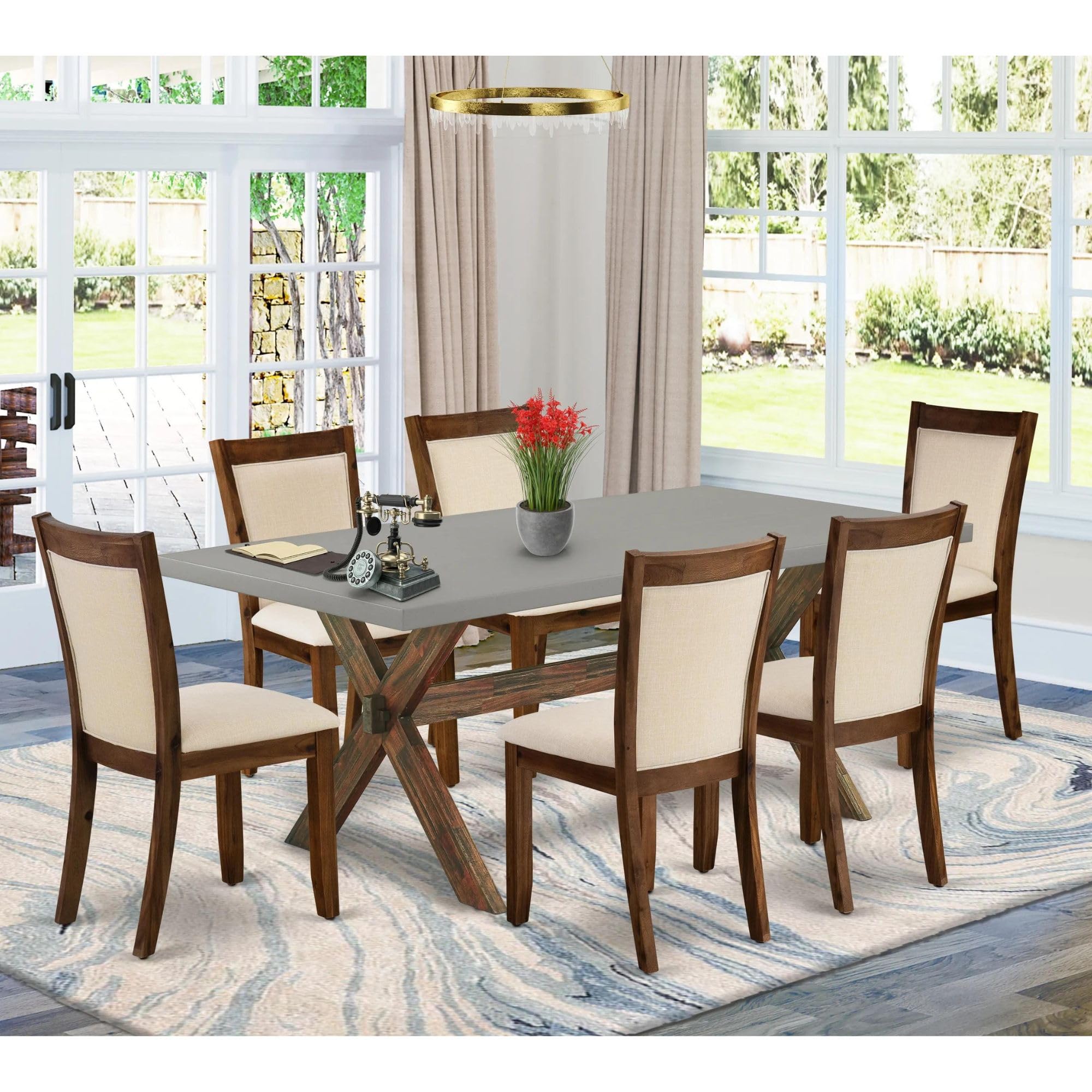 East West Furniture X797Mzn32-7 7 Piece Dining Room Furniture Set Consist Of A Rectangle Dining Table With X-Legs And 6 Light Beige Linen Fabric Parsons Chairs, 40X72 Inch, Multi-Color