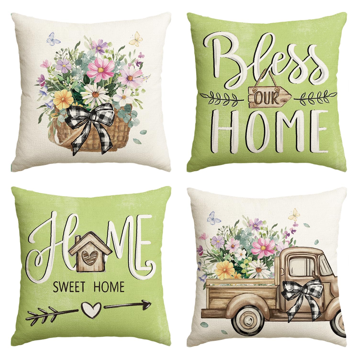 Avoin Colorlife Bless Our Home Eucalyptus Leaves Throw Pillow Covers, 18 X 18 Inch Spring Truck Cushion Case For Home Sofa Couch