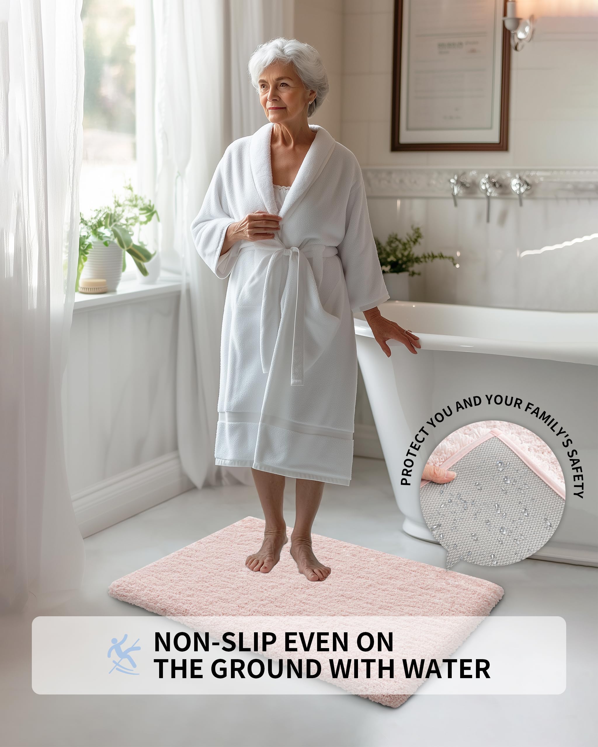 Ilango Pink Bathroom Rugs Mats Super Absorbent, Washable Bath Mat Non Slip For Floor, Thick Plush Shaggy Bath Rug With Rubber Bo