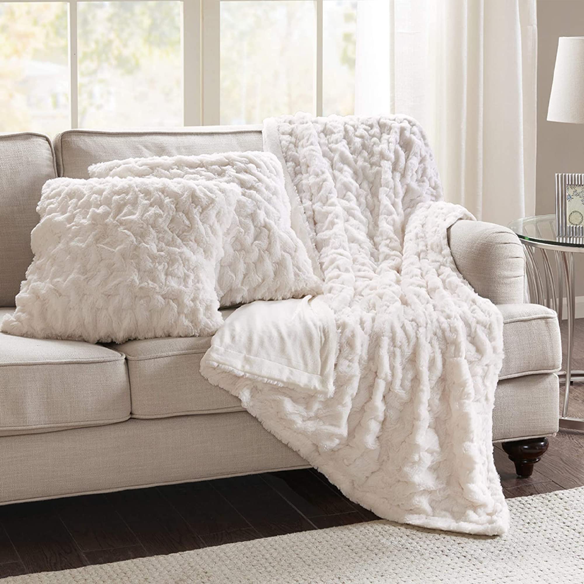 Comfort Spaces Ruched Faux Fur Plush 3 Piece Throw Blanket Set Ultra Soft Fluffy With 2 Square Pillow Covers, 50 'X60 ', Ivory