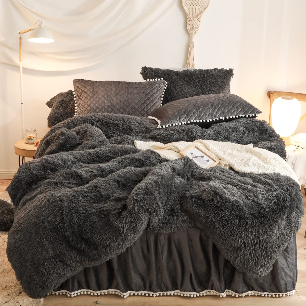 Haihua Dark Gray Luxury Fluffy Shaggy Duvet Cover,Cute Faux Fur Comforter Set (1 Faux Fur Duvet Cover + 2 Fluffy Velvet Pillow C