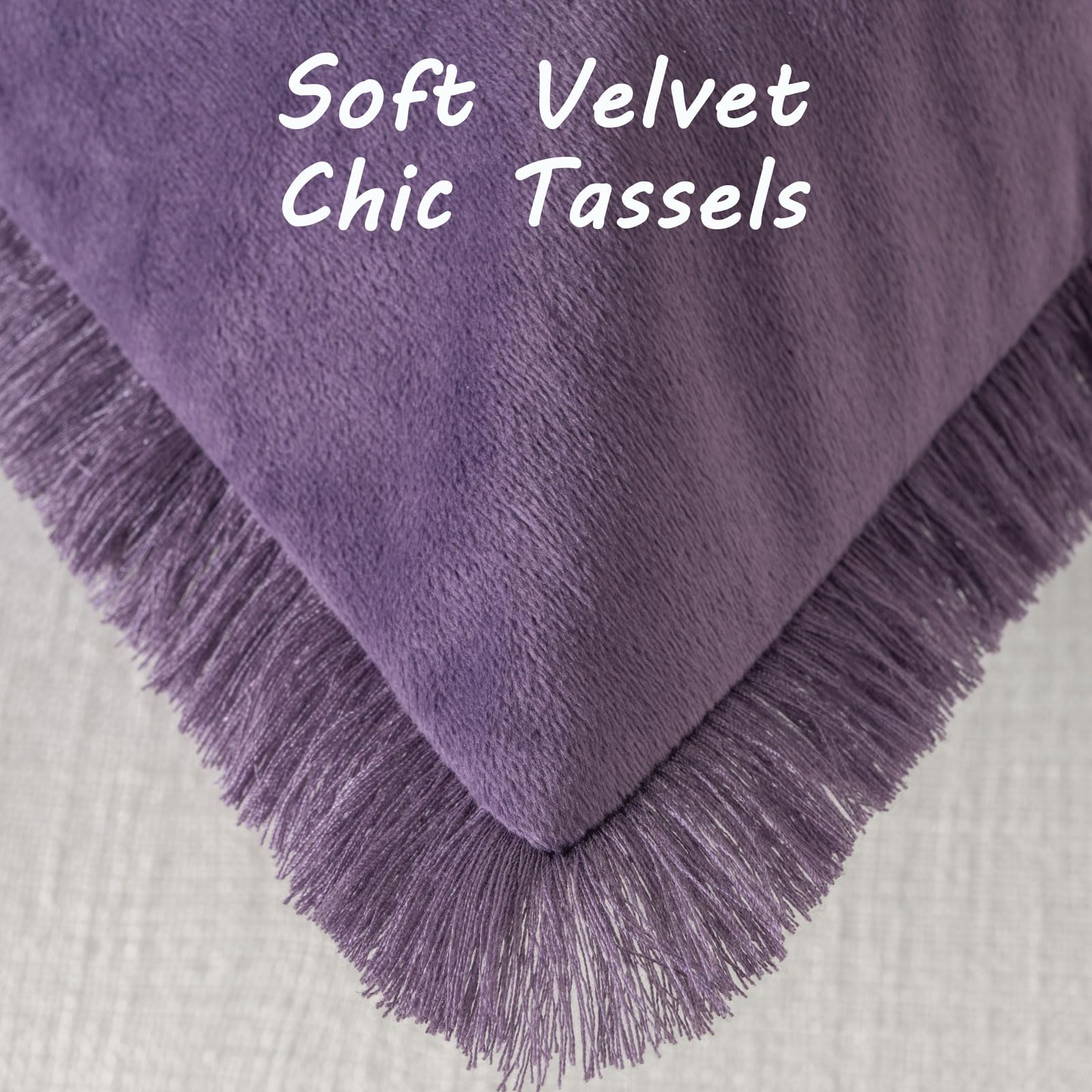 Futei Eggplant Purple Boho Throw Pillow Covers With Tassels 18X18 Inch Set Of 2,Soft Velvet Decorative Cushion Case,Home Decor F