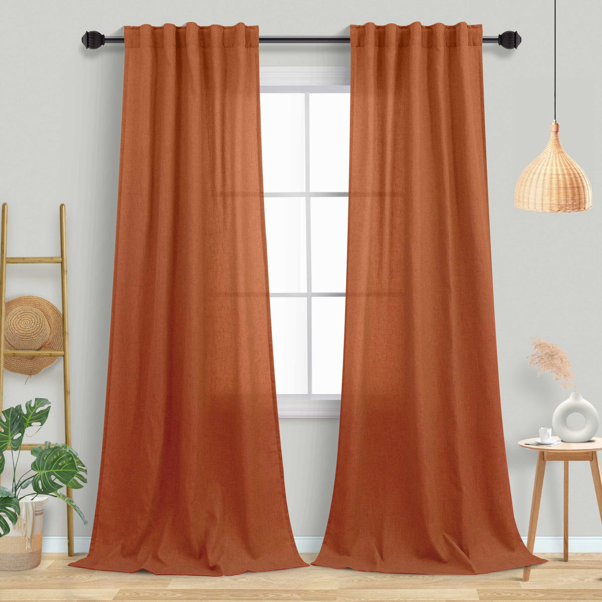 Mrs.Naturall Burnt Orange Linen Sheer Curtains 90 Inches Long For Living Room Bedroom