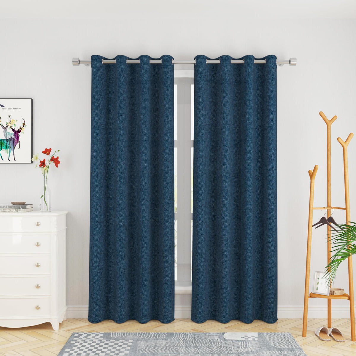Curtains 80 Inches Long Kitchen Linen Textured Privacy Semi Sheer Navy Blue Living Room Divider Bedroom Drapes Sliding Glass Doo