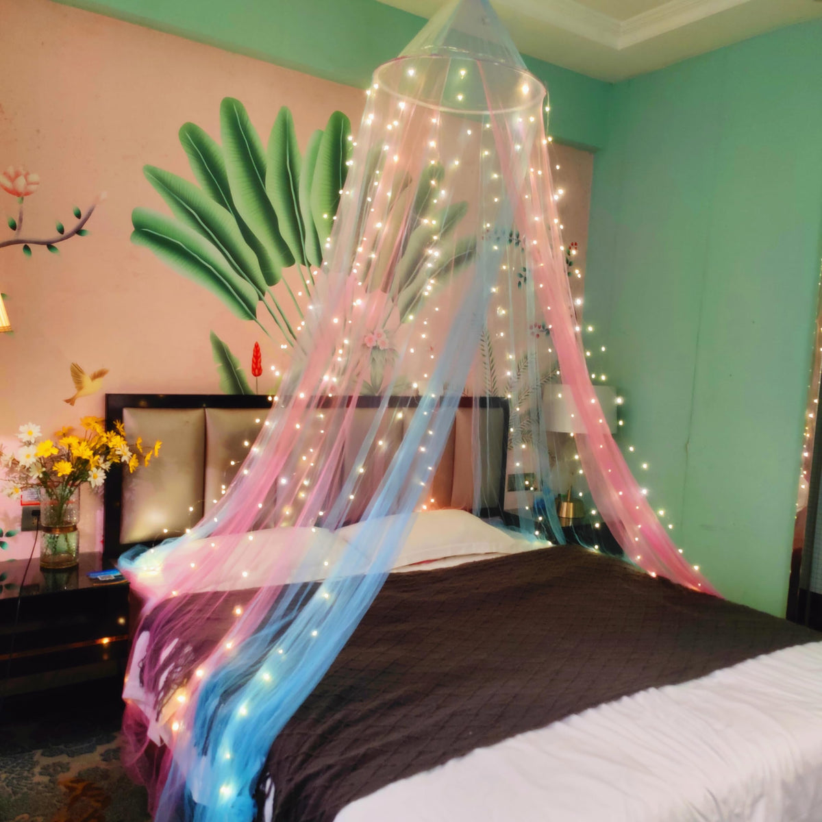 Eimilaly Two-Tone Bed Canopy Mosquito Net Pink Blue With 250Pcs Warm White Lights, Bed Canopy For Girls Room Decor, Single Door