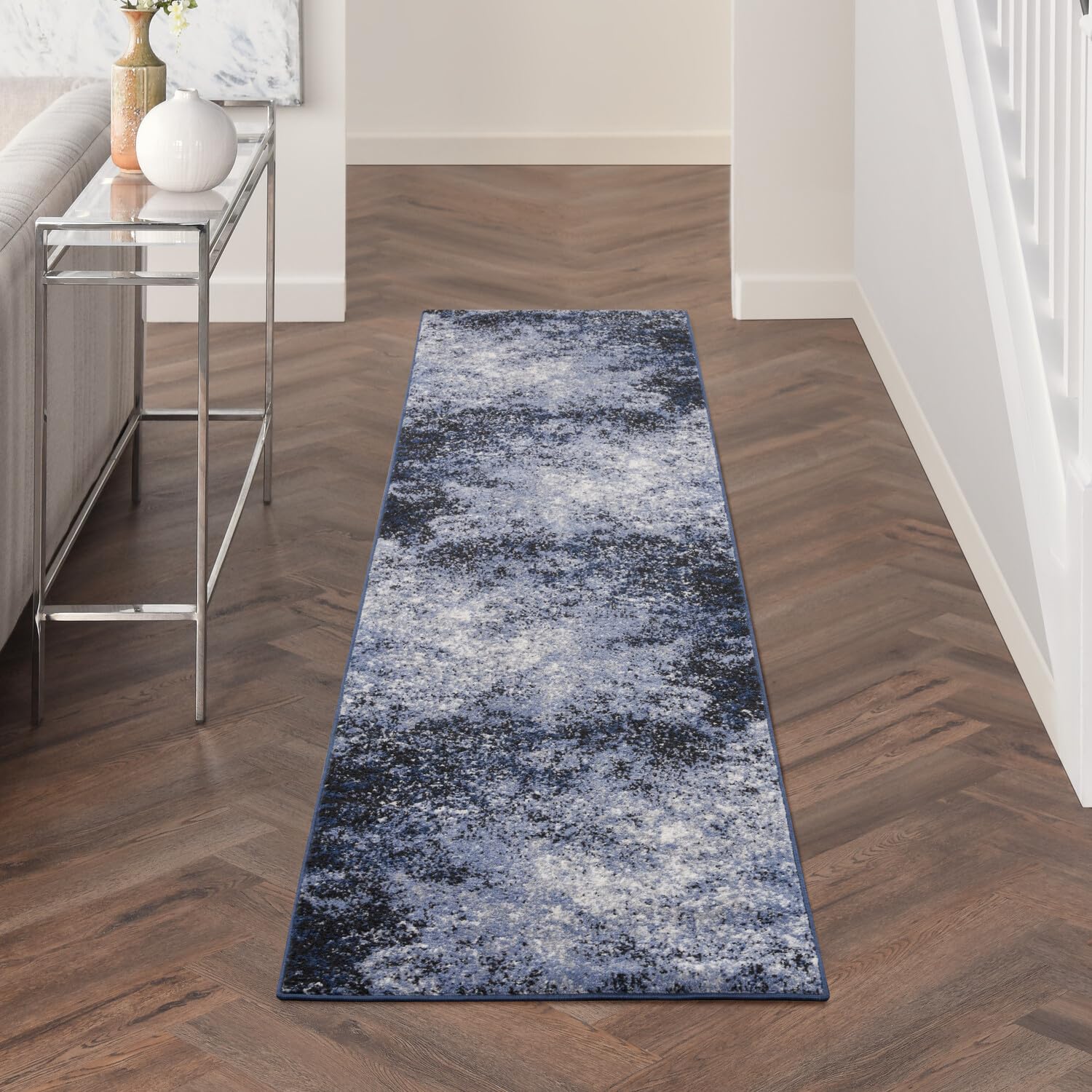 Nourison Passion Light Blue/Black 2'2'' X 10' Area-Rug, Modern, Abstract, Easy-Cleaning, Non Shedding, Bed Room, Living Room, Di