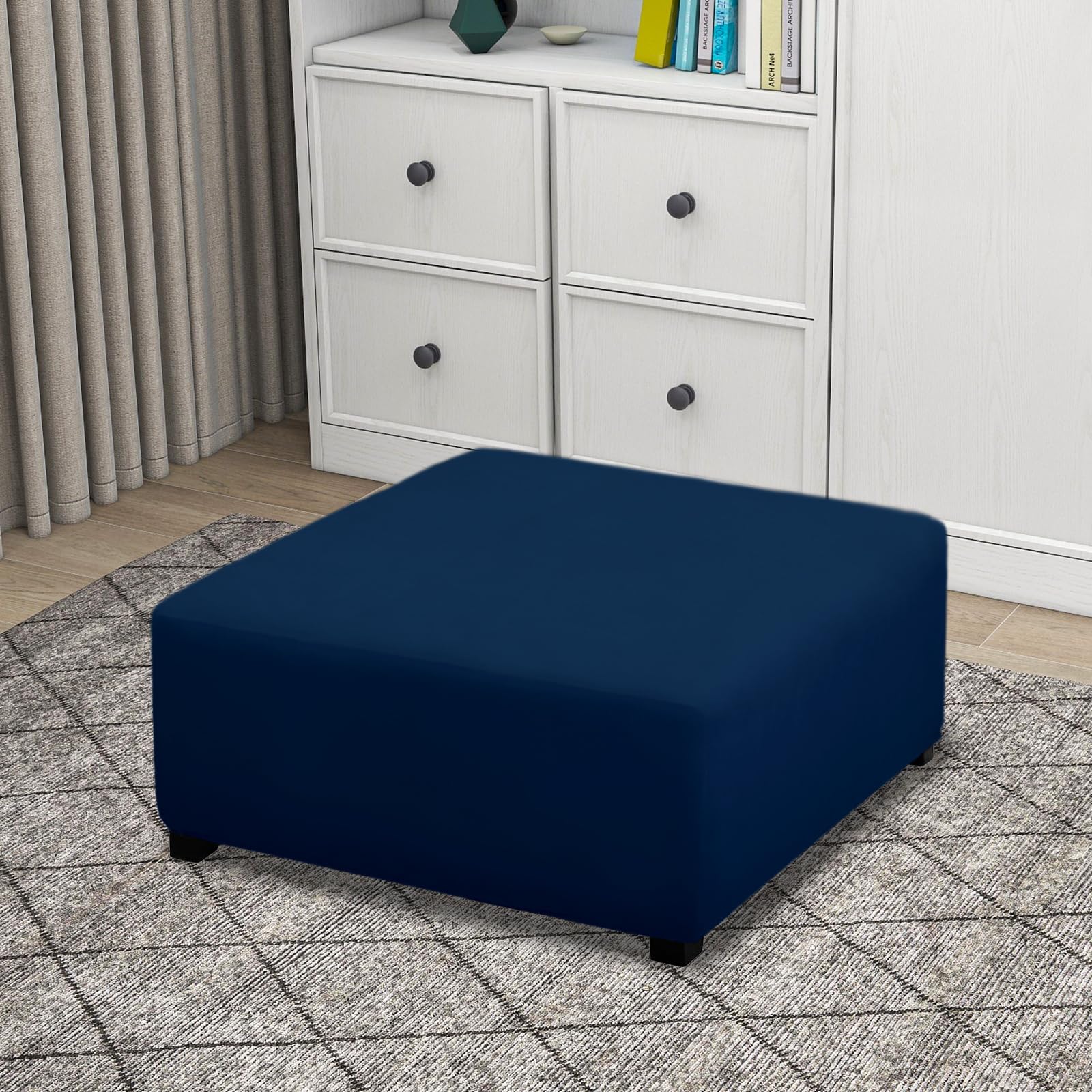 Purefit Super Stretch Form Fit Square Ottoman Cover Rectangle - Ottoman Slipcovers For Foot Stool & Folding Storage Furniture For Living Room With Nonslip Elastic Bottom (Medium-Xl, Navy)