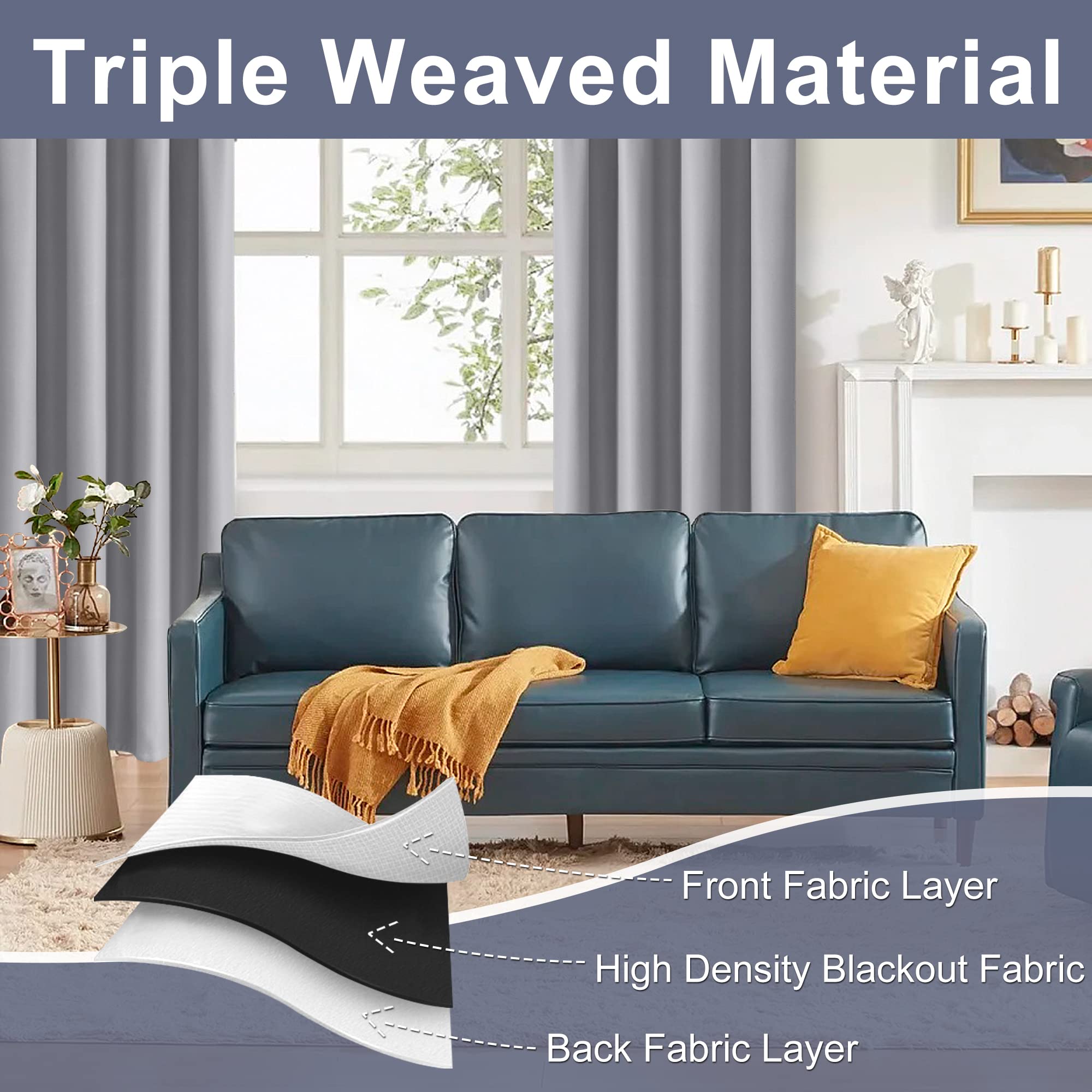 Jiuzhen Silver Grey Curtains For Living Room - Thermal Insulated Blackout Curtains With Tiebacks 2 Panels, Room Darkening Rod Pocket Curtains For Bedroom Office, 52 X 96 Inch Length