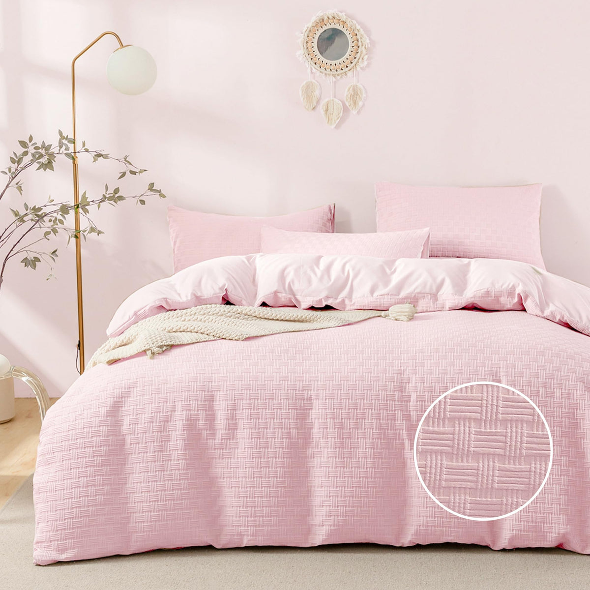 Jellymoni Pink Duvet Cover Full Size - 3 Pieces Soft And Breathable Microfiber Knitted Jacquard Waffle Weave Striped Comforter C