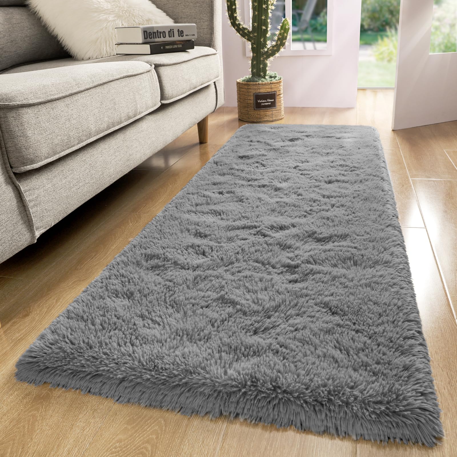Macgace Fluffy Runner Rug, 2x6 Grey Washable Hallway Area Rugs for Bedroom Living Room Kitchen Laundry, Long Shag Rug with Non S