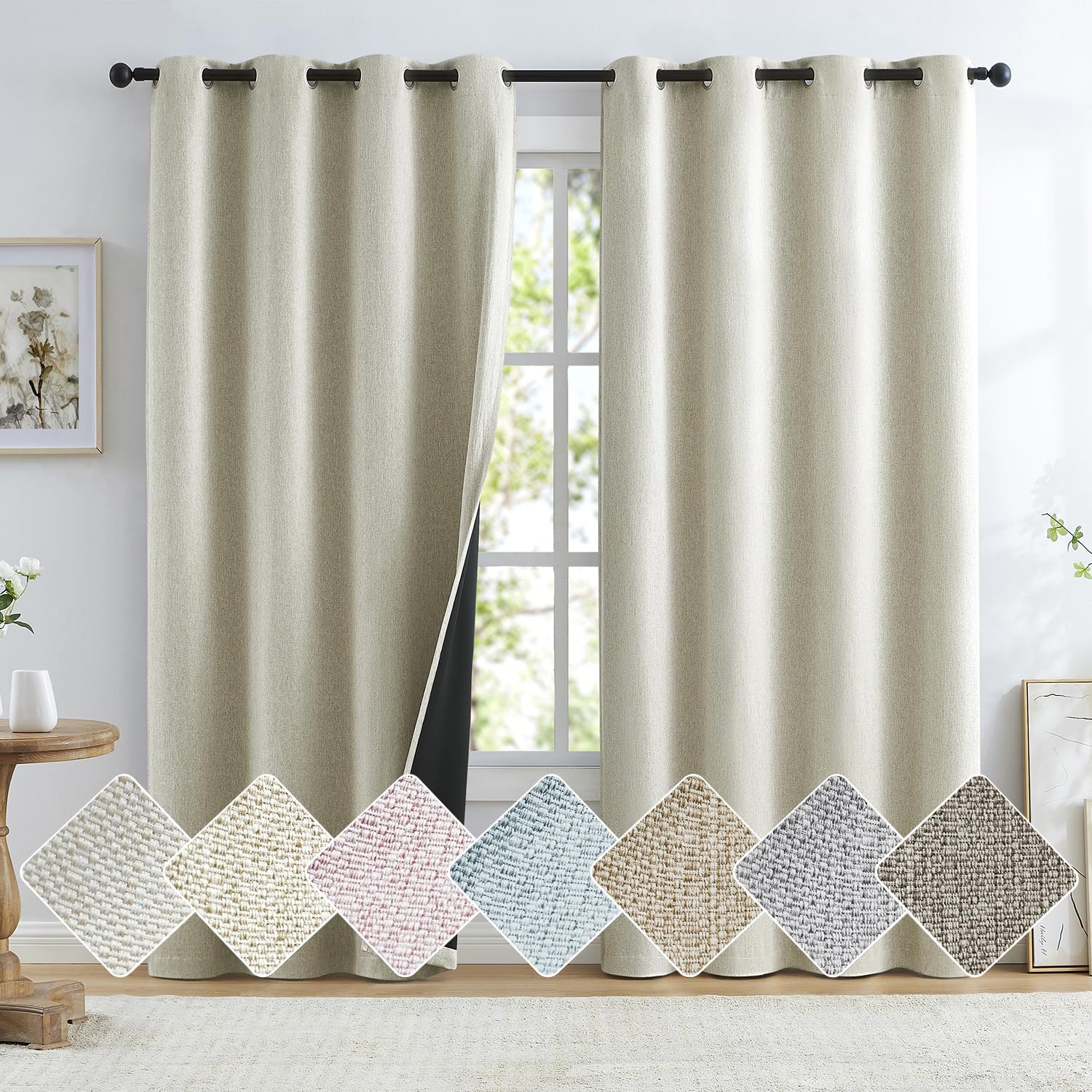 Natural Faux Linen Textured Full Blackout Curtain Panels For Bedroom/Living Room, Rustic Farmhouse Burlap Textured Look Thermal