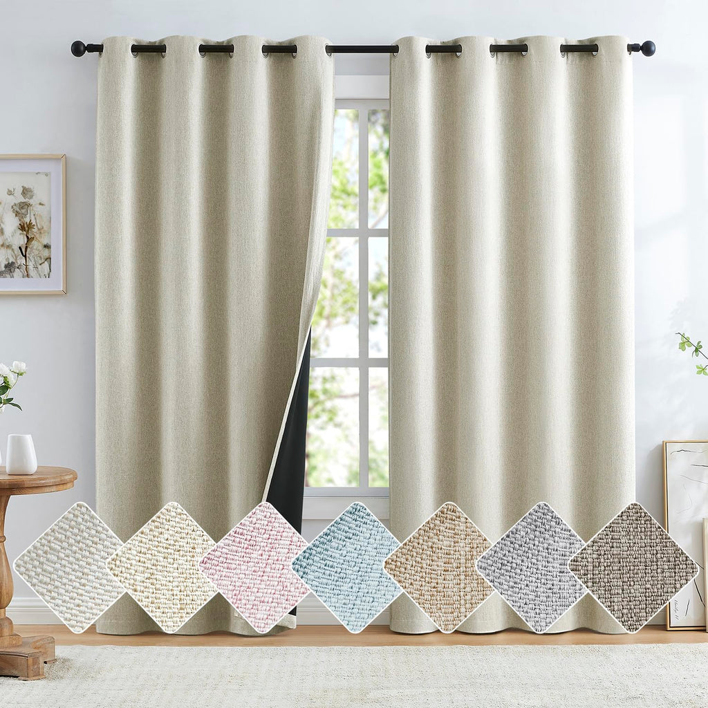 Total Blackout Natural Linen Curtains for Bedroom Living Room, Casual Farmhouse Burlap Texture 100% Light Blocking Energy Effici