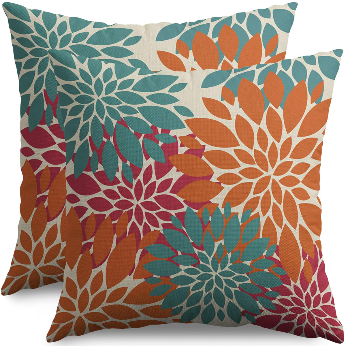 Smozenith Blue Orange Burgundy Red Pillow Covers 18X18 Inch Set Of 2, Spring Modern Geometry Dahlia Floral Decorative Throw Pill