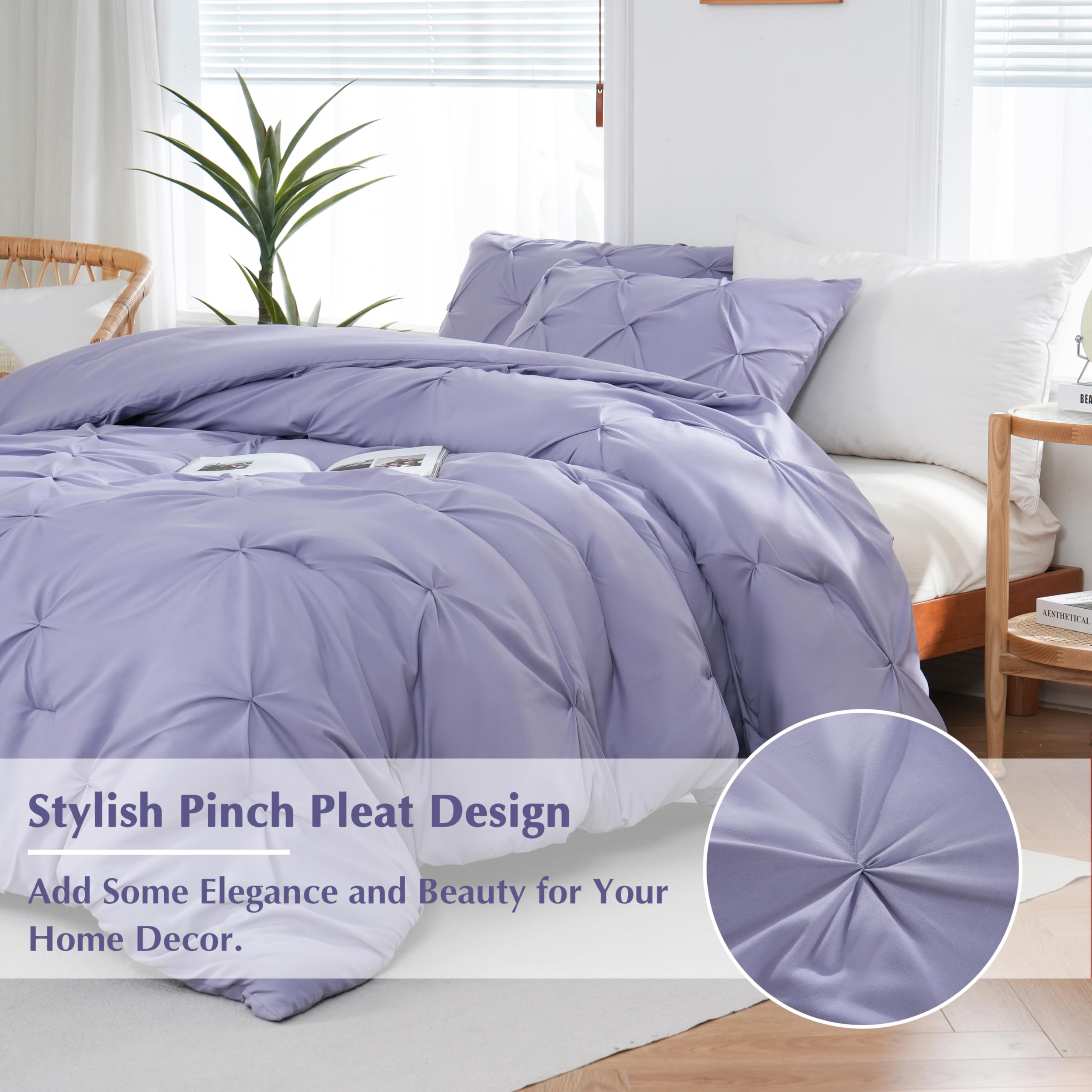 Downcool Queen Comforter Set Lavender Purple - 3 Pieces Cute Pinch Pleat Bed Set, Soft Fluffy Bedding Comforter Sets For All Sea