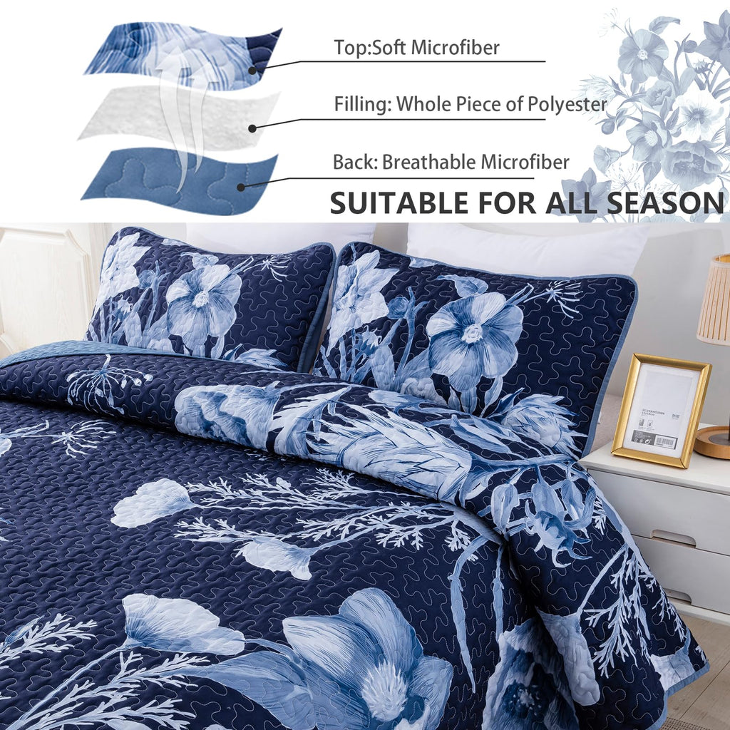 Drucon Floral Quilt Set Queen 3 Pieces Navy Blue Floral Quilt Coverlet Set Soft Microfiber Lightweight Navy Blue Quilted Bedspre